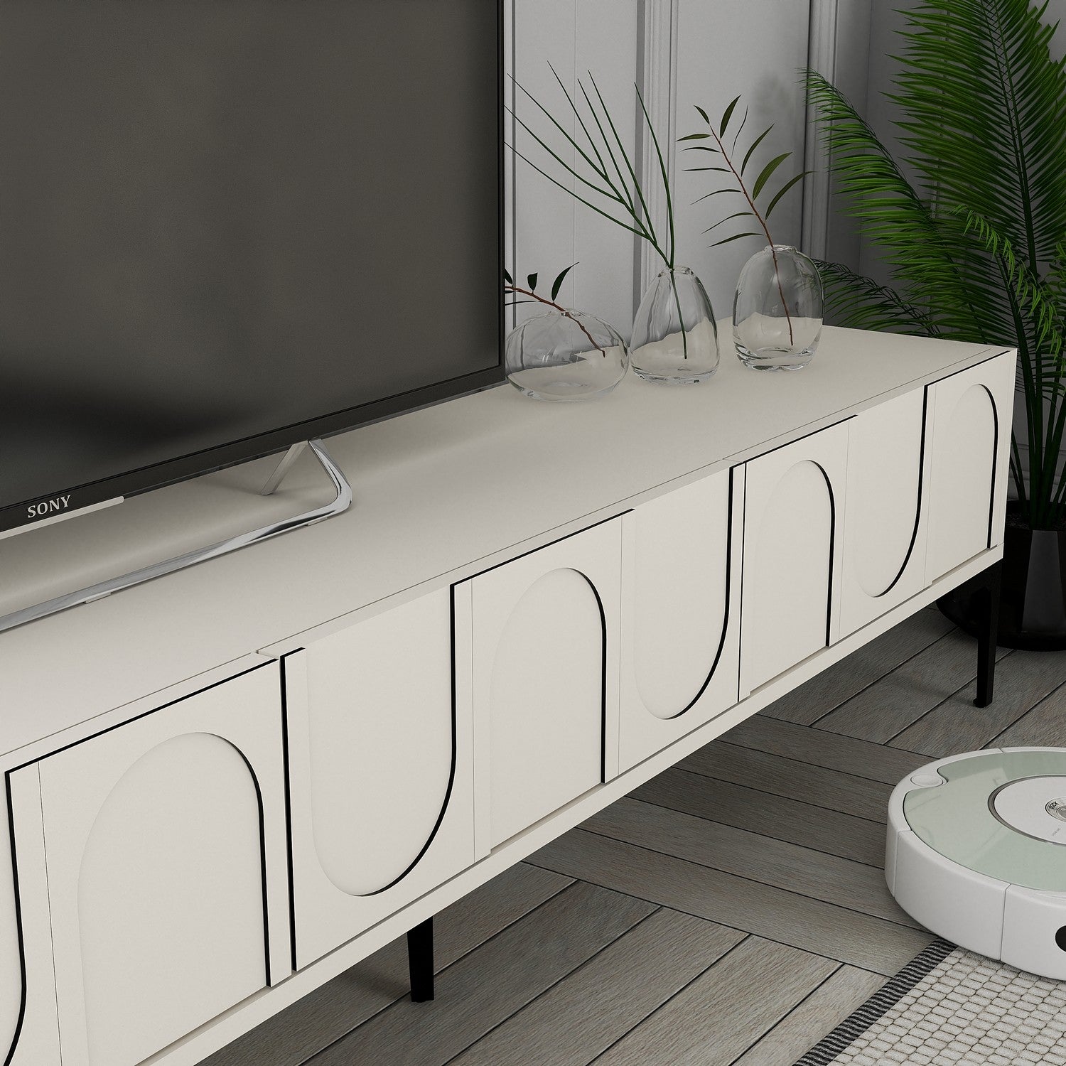 Móvel de TV elegante com prateleira de parede, creme e preto, 180 cm de largura | Painel de partículas 100% revestido de melamina, 18 mm de espessura | Design funcional com várias prateleiras