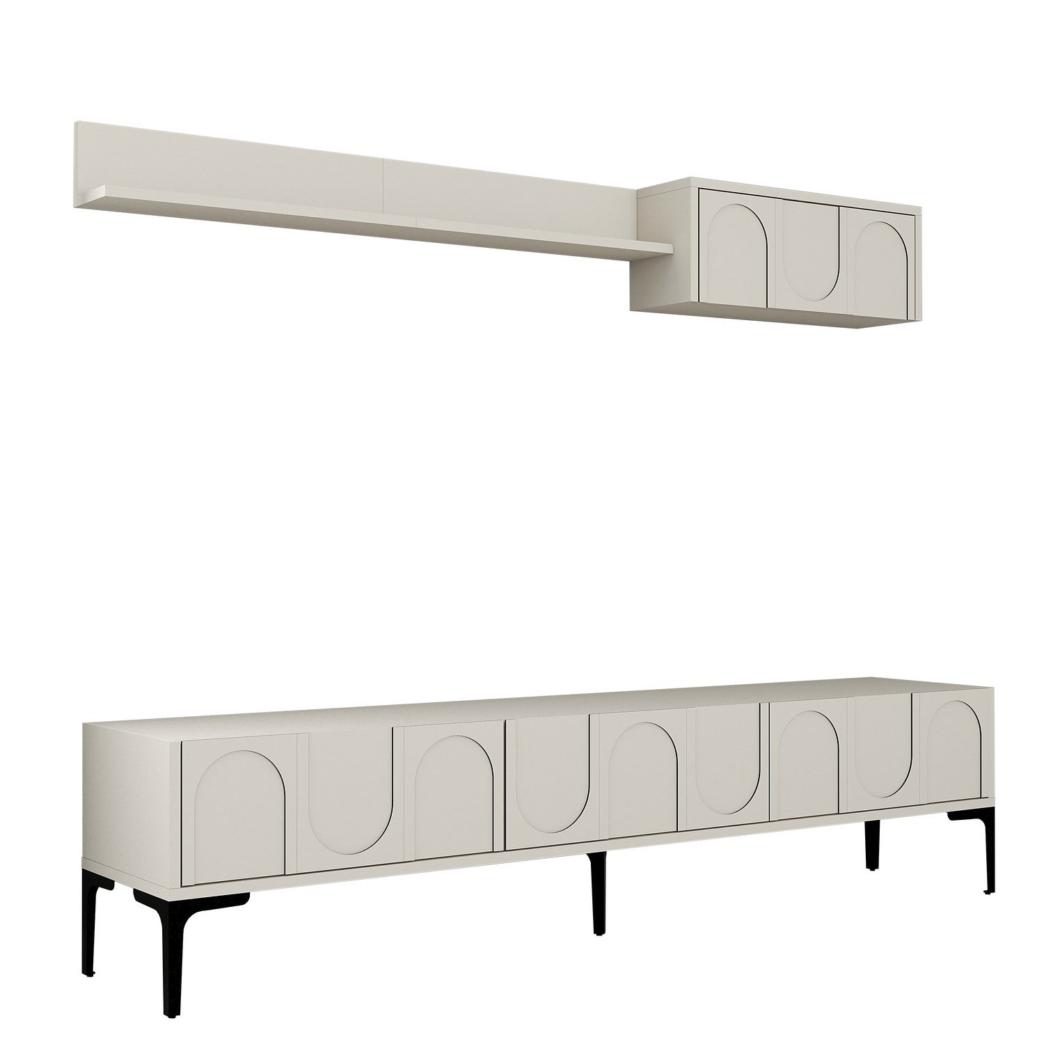 Móvel de TV elegante com prateleira de parede, creme e preto, 180 cm de largura | Painel de partículas 100% revestido de melamina, 18 mm de espessura | Design funcional com várias prateleiras