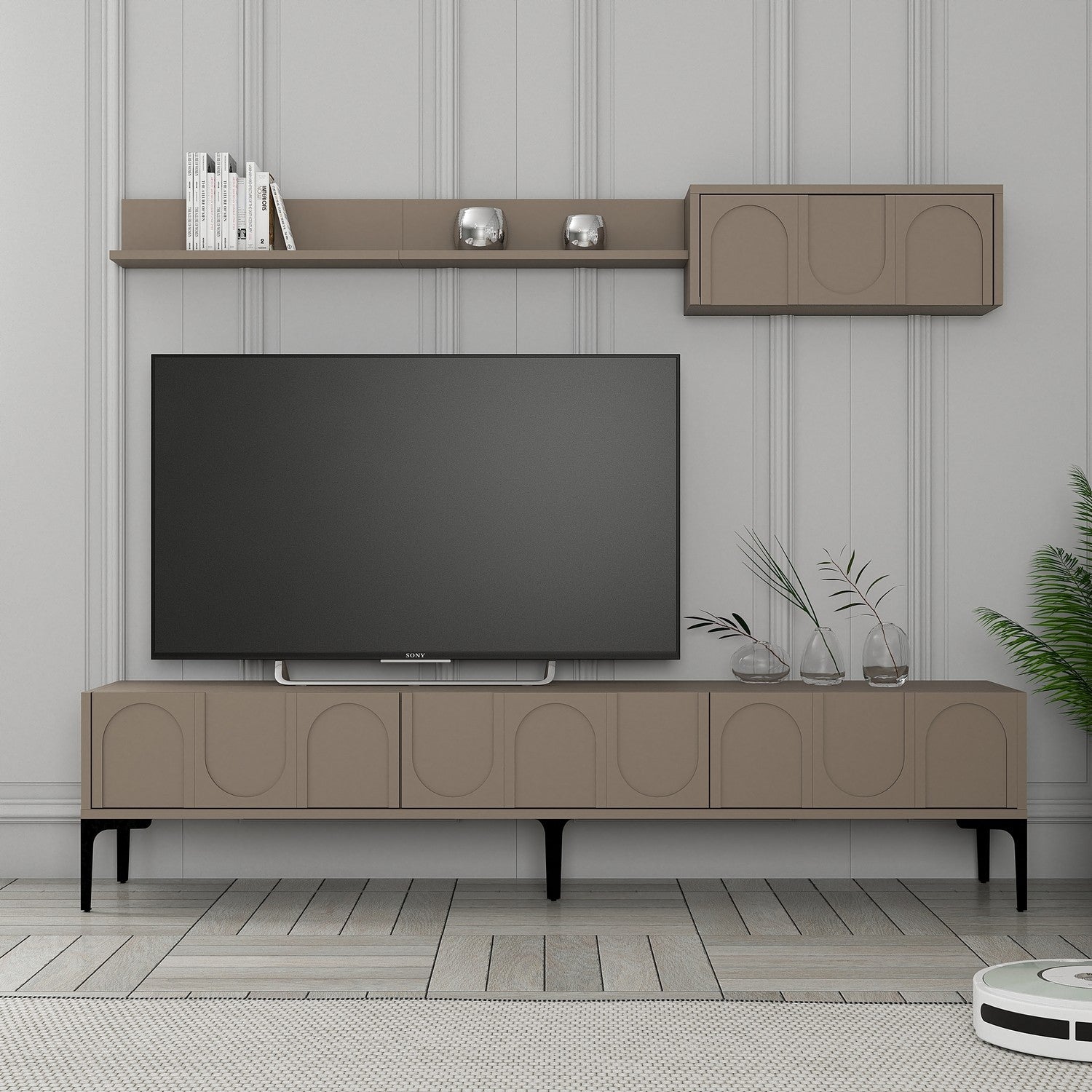 Móvel de TV elegante com prateleira de parede, 180 cm, Atlas e preto | Painel de partículas 100% revestido de melamina, 18 mm de espessura | Design funcional com várias prateleiras