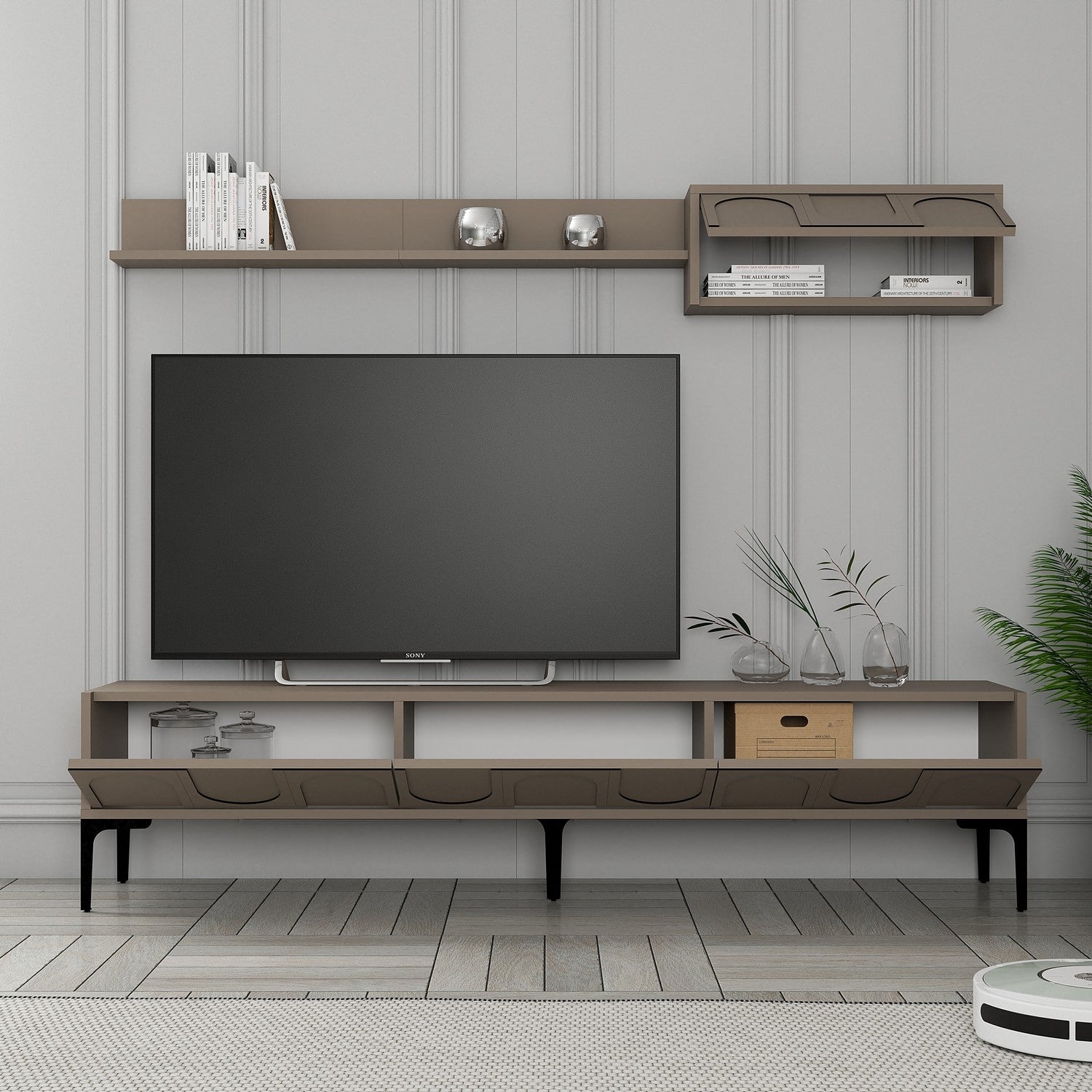 Móvel de TV elegante com prateleira de parede, 180 cm, Atlas e preto | Painel de partículas 100% revestido de melamina, 18 mm de espessura | Design funcional com várias prateleiras