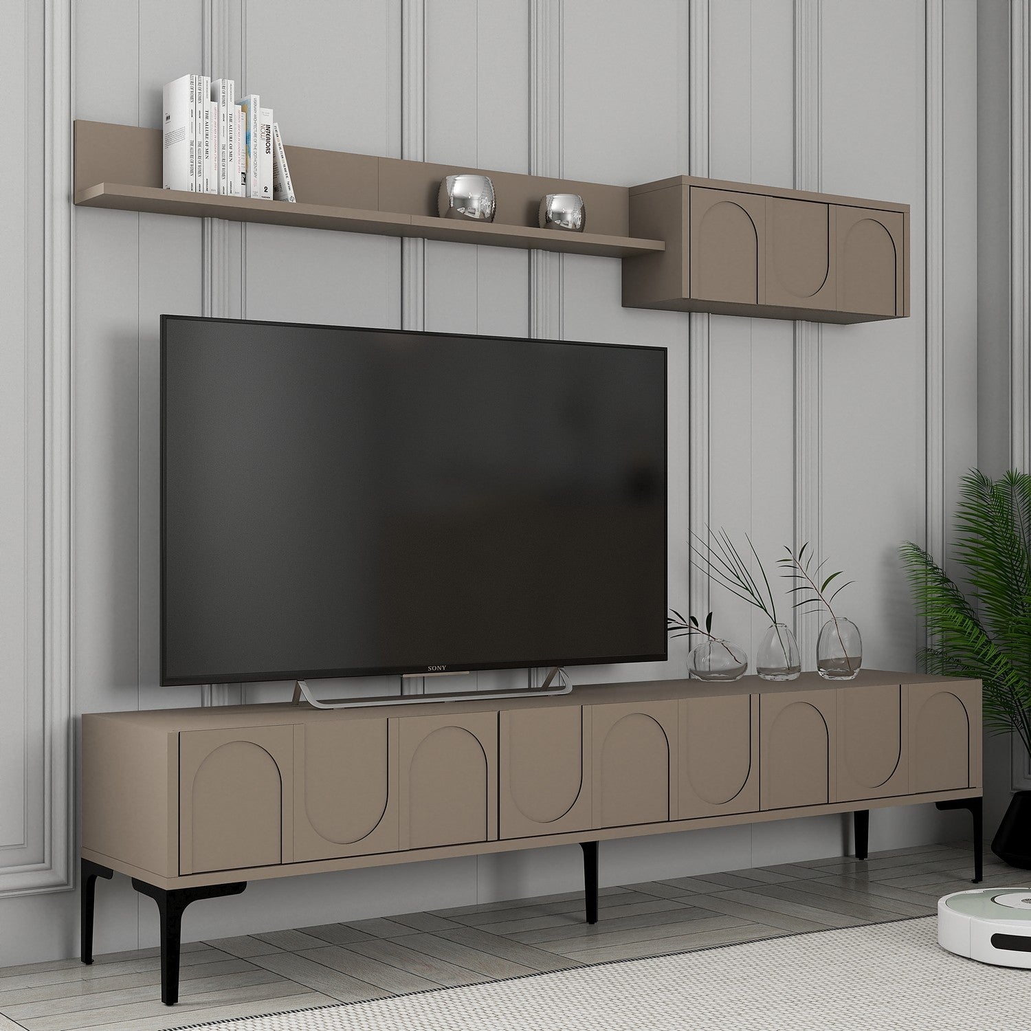 Móvel de TV elegante com prateleira de parede, 180 cm, Atlas e preto | Painel de partículas 100% revestido de melamina, 18 mm de espessura | Design funcional com várias prateleiras