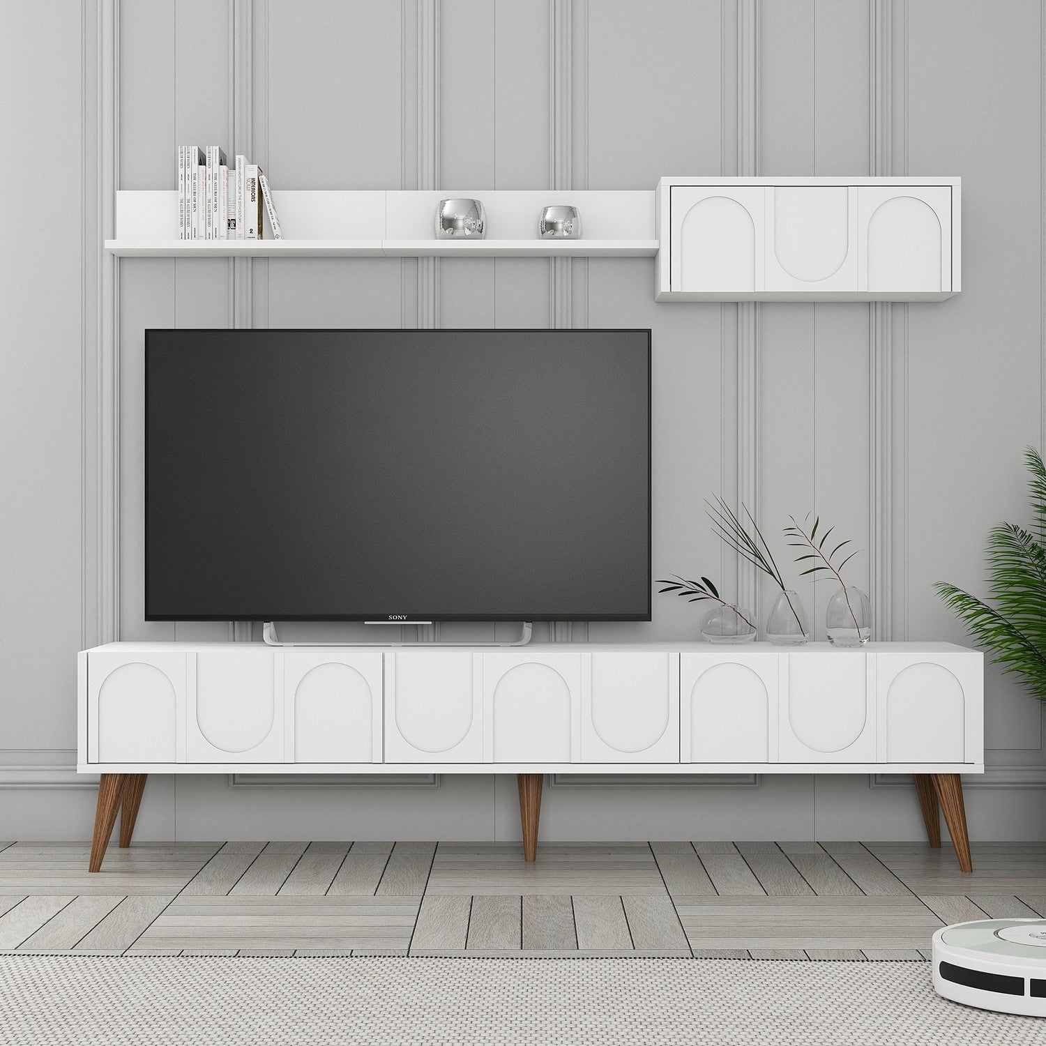 Móvel de TV elegante com prateleira de parede, branco e nogueira, 180 cm | Painel de partículas 100% revestido de melamina, 18 mm de espessura | Design funcional com várias prateleiras