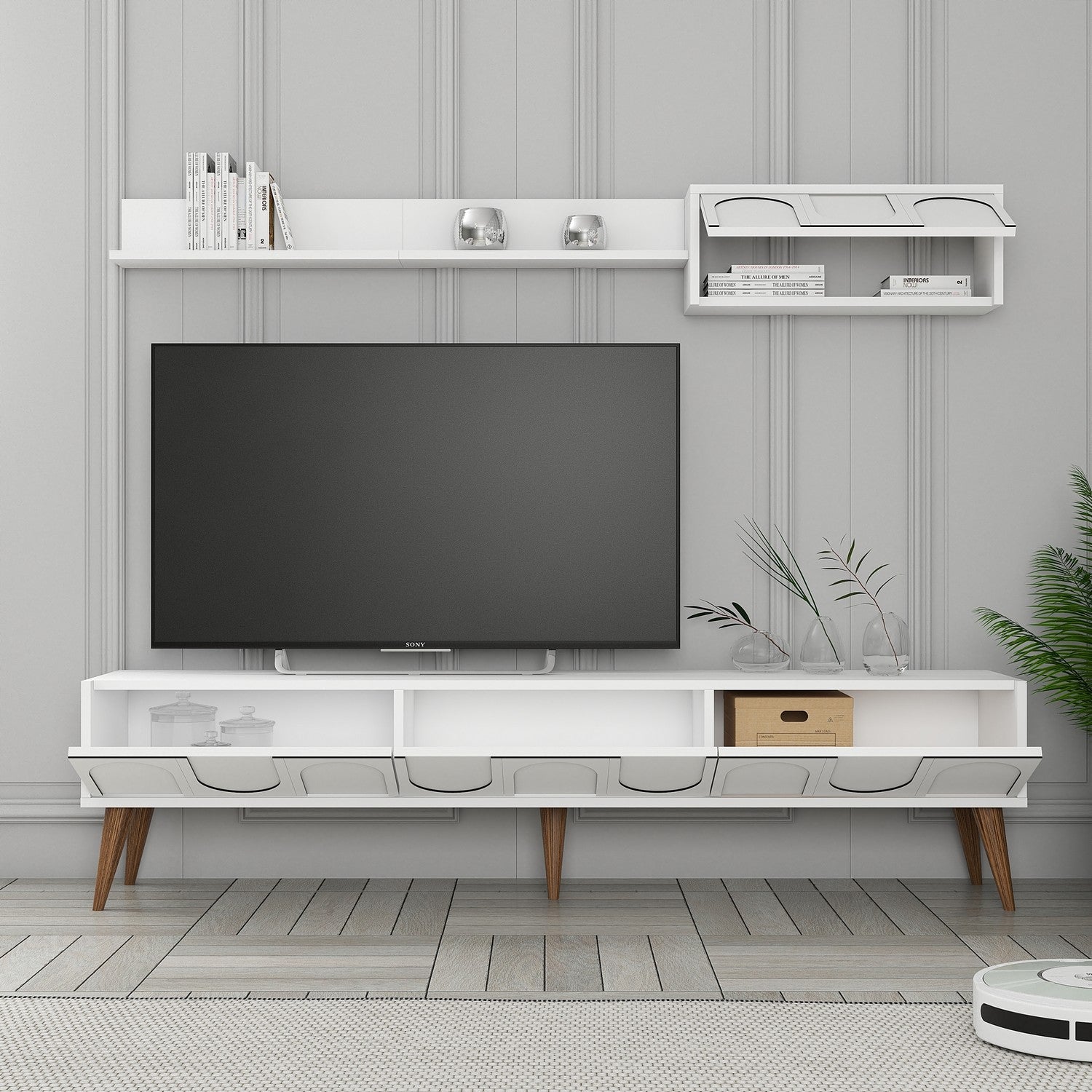 Móvel de TV elegante com prateleira de parede, branco e nogueira, 180 cm | Painel de partículas 100% revestido de melamina, 18 mm de espessura | Design funcional com várias prateleiras