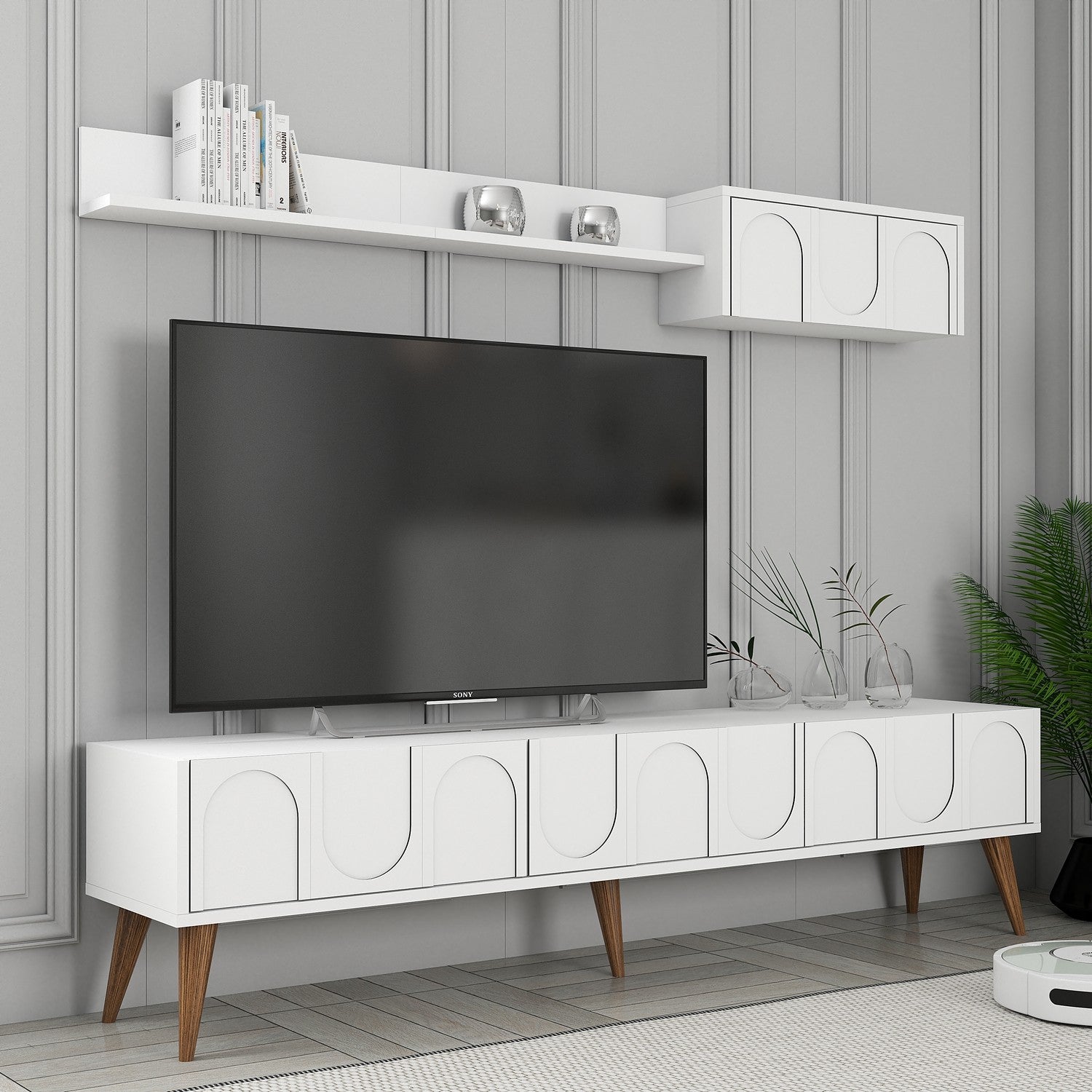 Móvel de TV elegante com prateleira de parede, branco e nogueira, 180 cm | Painel de partículas 100% revestido de melamina, 18 mm de espessura | Design funcional com várias prateleiras