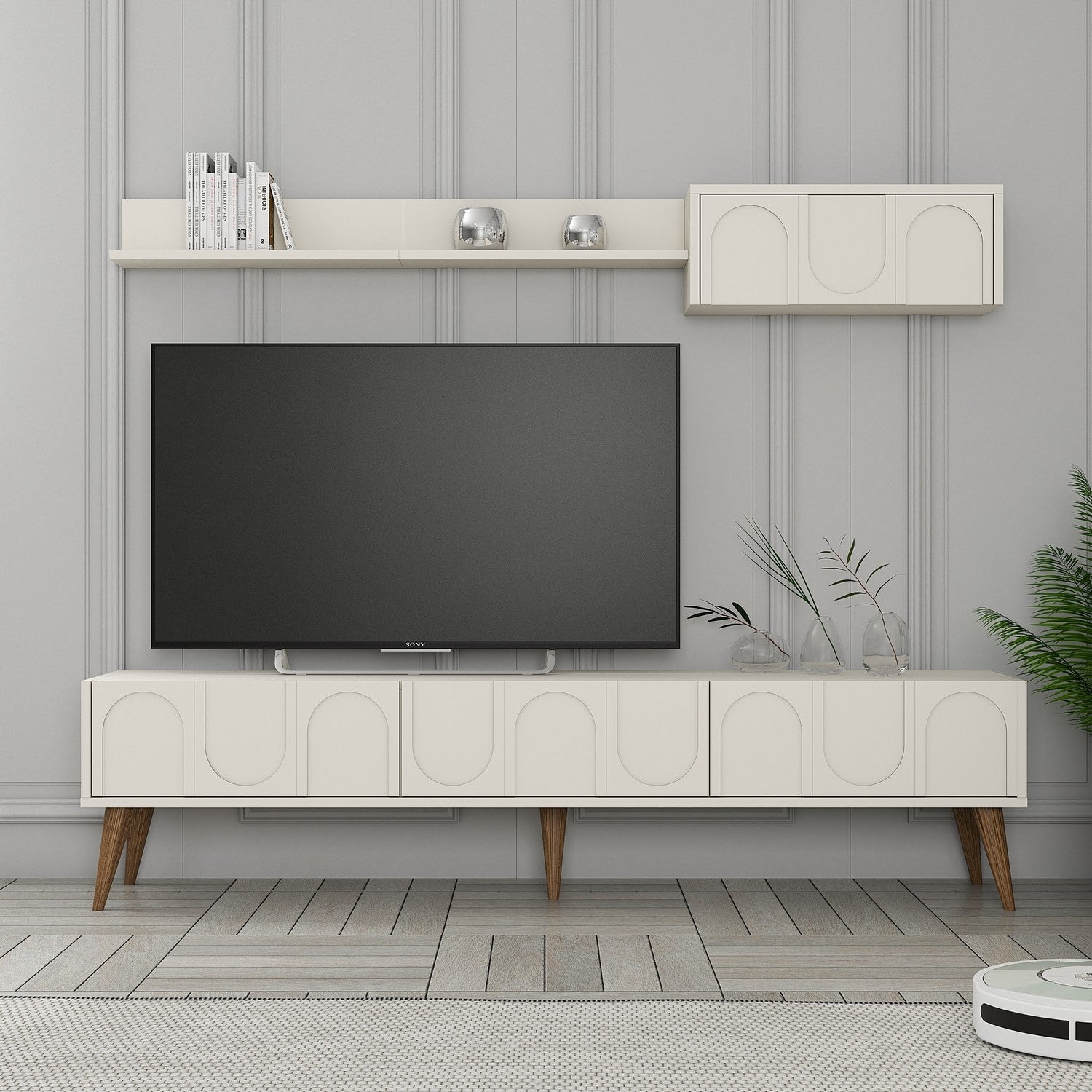 Móvel de TV elegante com prateleira de parede, creme e nogueira, 180 cm | Painel de partículas 100% revestido de melamina, 18 mm de espessura | Design funcional com várias prateleiras