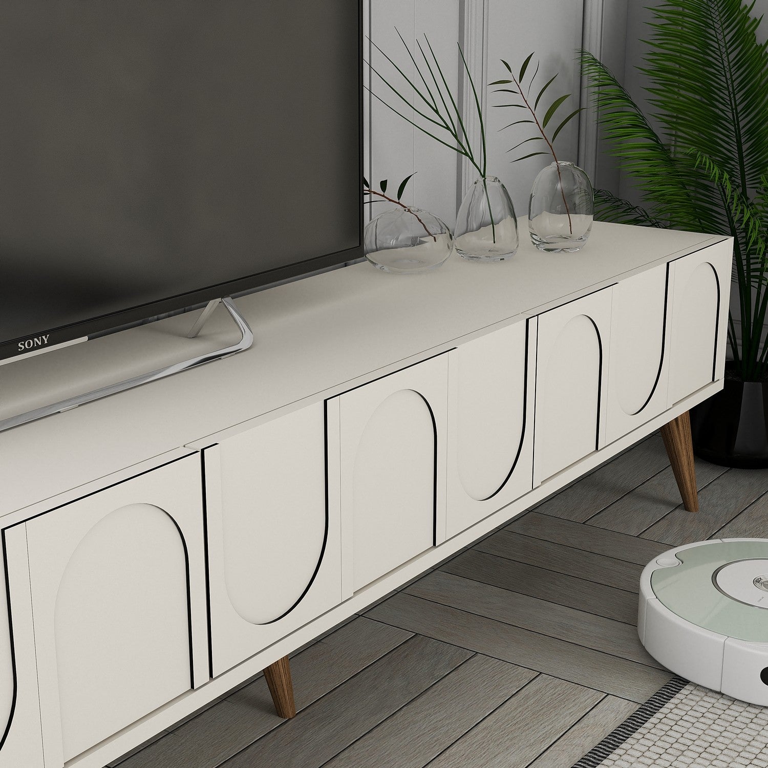 Móvel de TV elegante com prateleira de parede, creme e nogueira, 180 cm | Painel de partículas 100% revestido de melamina, 18 mm de espessura | Design funcional com várias prateleiras