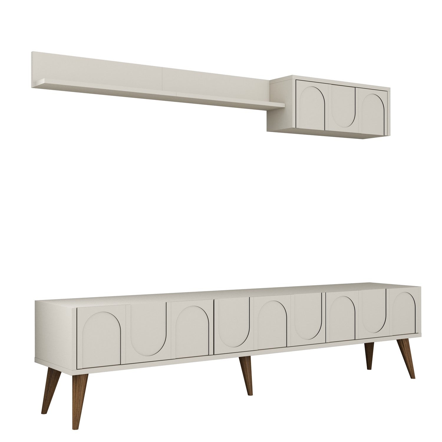 Móvel de TV elegante com prateleira de parede, creme e nogueira, 180 cm | Painel de partículas 100% revestido de melamina, 18 mm de espessura | Design funcional com várias prateleiras