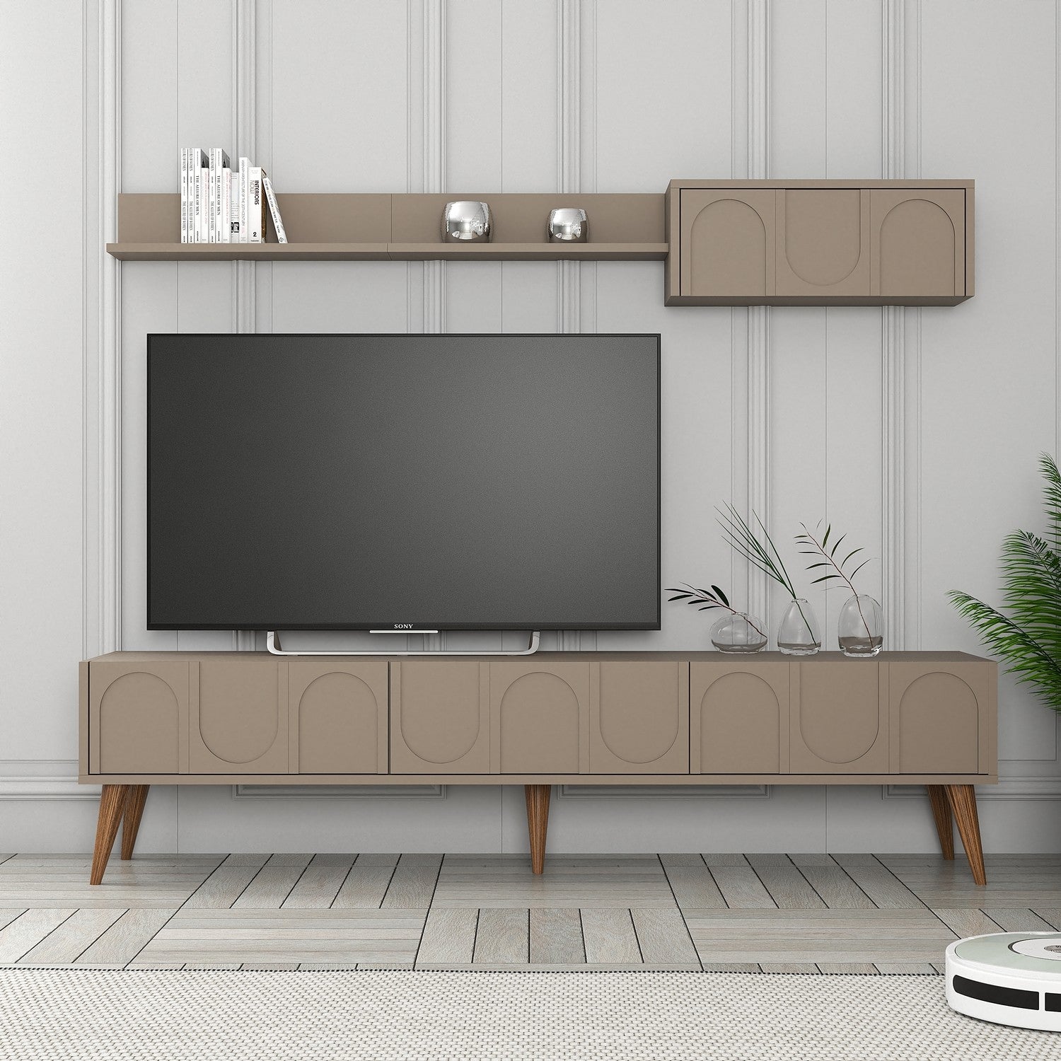 Móvel de TV elegante com prateleira de parede, 180 cm, acabamento Atlas e Nogueira | Painel de partículas 100% revestido em melamina, 18 mm de espessura | Design funcional com várias prateleiras