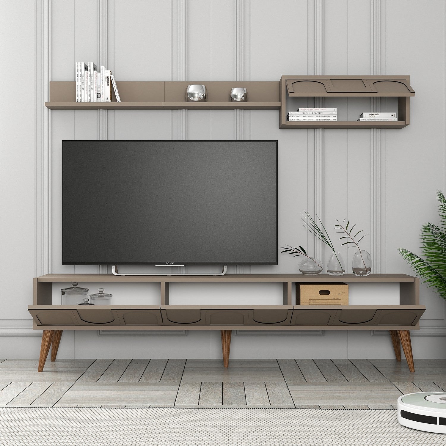 Móvel de TV elegante com prateleira de parede, 180 cm, acabamento Atlas e Nogueira | Painel de partículas 100% revestido em melamina, 18 mm de espessura | Design funcional com várias prateleiras