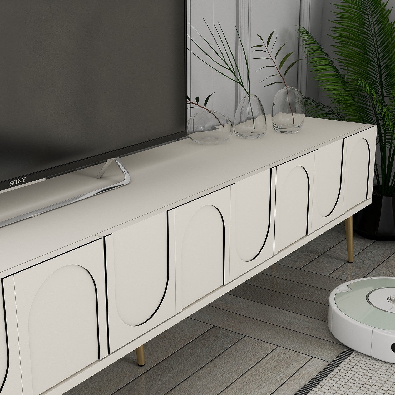 Móvel de TV montável na parede – 180 cm – creme e dourado – painel de partículas revestido a melamina