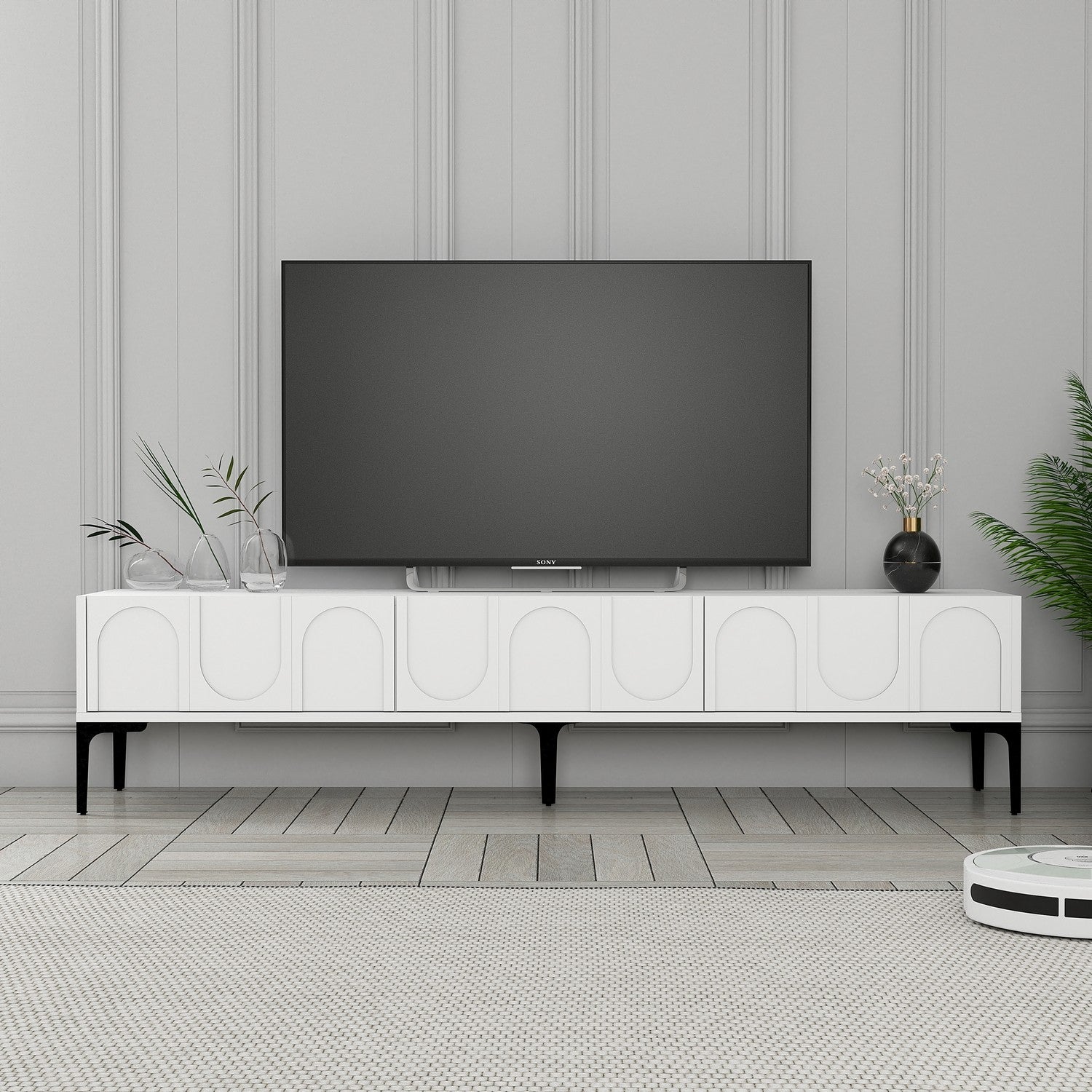 Suporte de TV elegante, branco e preto, 180 cm x 42 cm x 35 cm | Painel de partículas 100% revestido de melamina, 18 mm de espessura | Montável na parede com várias prateleiras