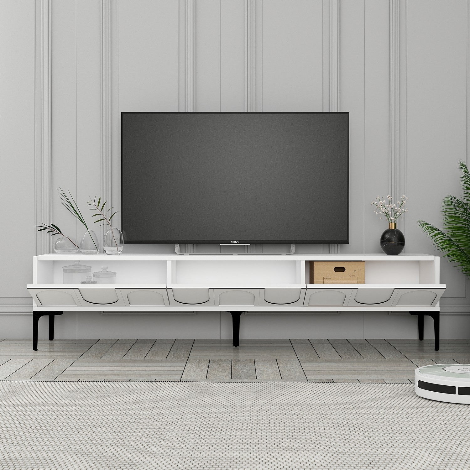Suporte de TV elegante, branco e preto, 180 cm x 42 cm x 35 cm | Painel de partículas 100% revestido de melamina, 18 mm de espessura | Montável na parede com várias prateleiras