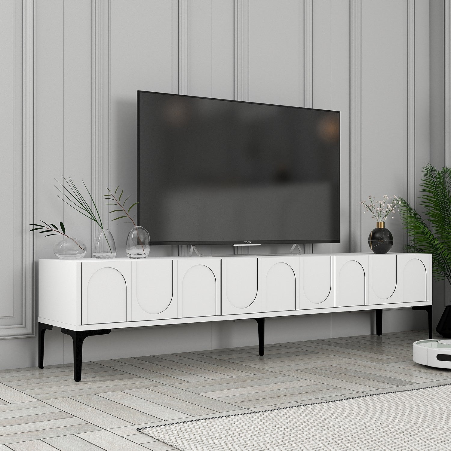 Suporte de TV elegante, branco e preto, 180 cm x 42 cm x 35 cm | Painel de partículas 100% revestido de melamina, 18 mm de espessura | Montável na parede com várias prateleiras