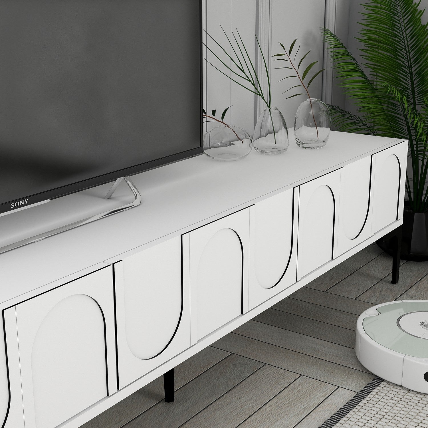 Suporte de TV elegante, branco e preto, 180 cm x 42 cm x 35 cm | Painel de partículas 100% revestido de melamina, 18 mm de espessura | Montável na parede com várias prateleiras