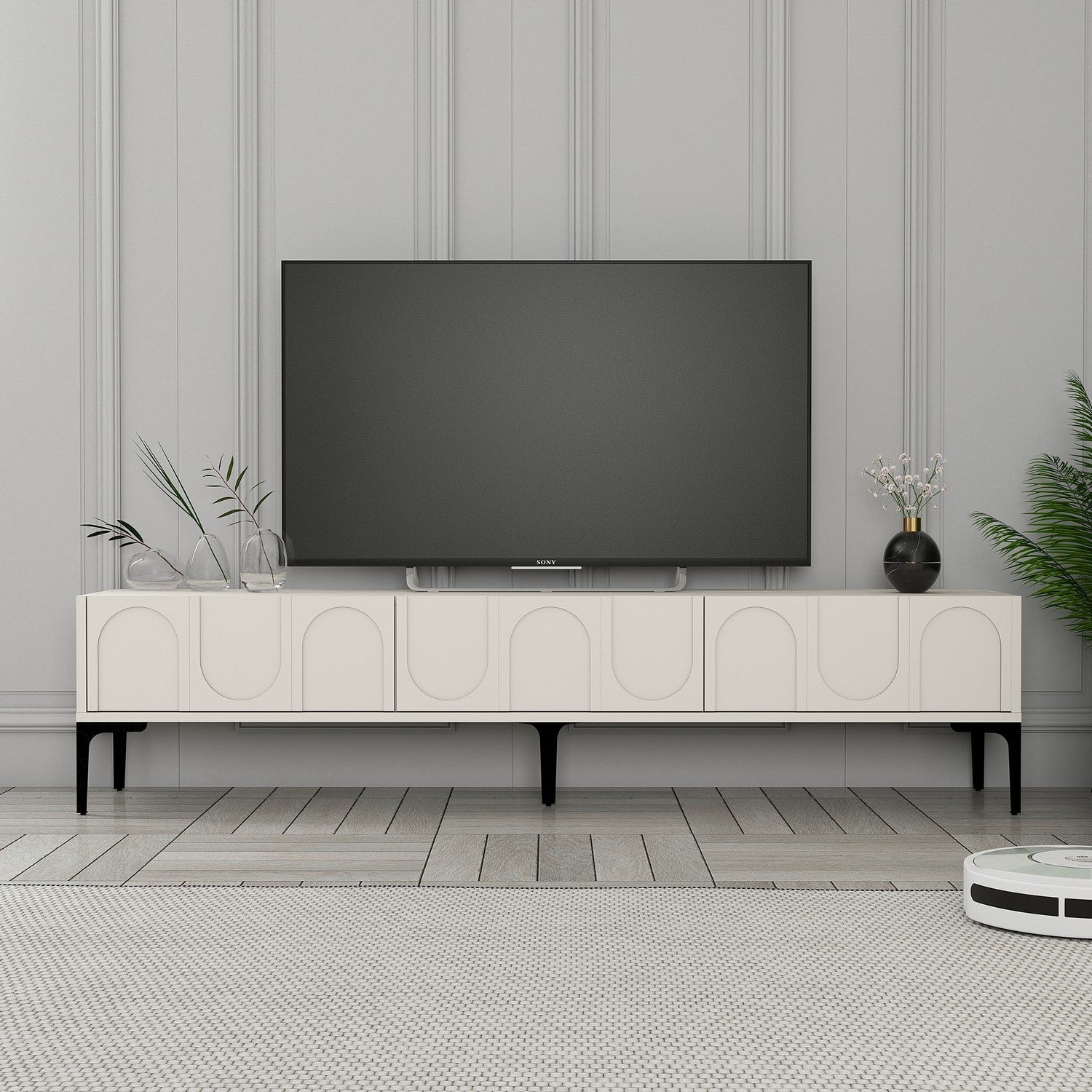 Suporte de TV elegante, creme e preto, 180 cm x 42 cm x 35 cm | Painel de partículas 100% revestido de melamina, 18 mm de espessura | Montável na parede com várias prateleiras