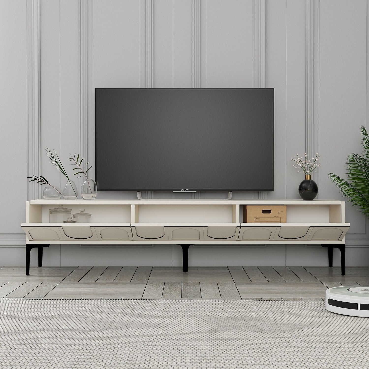 Suporte de TV elegante, creme e preto, 180 cm x 42 cm x 35 cm | Painel de partículas 100% revestido de melamina, 18 mm de espessura | Montável na parede com várias prateleiras