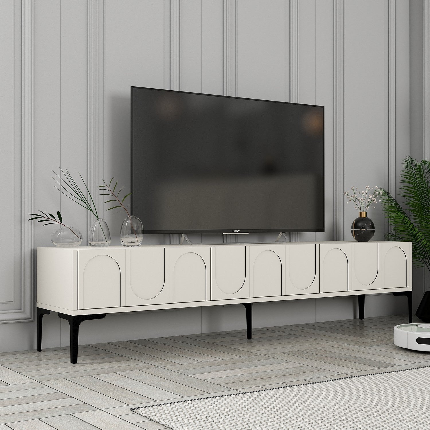 Suporte de TV elegante, creme e preto, 180 cm x 42 cm x 35 cm | Painel de partículas 100% revestido de melamina, 18 mm de espessura | Montável na parede com várias prateleiras