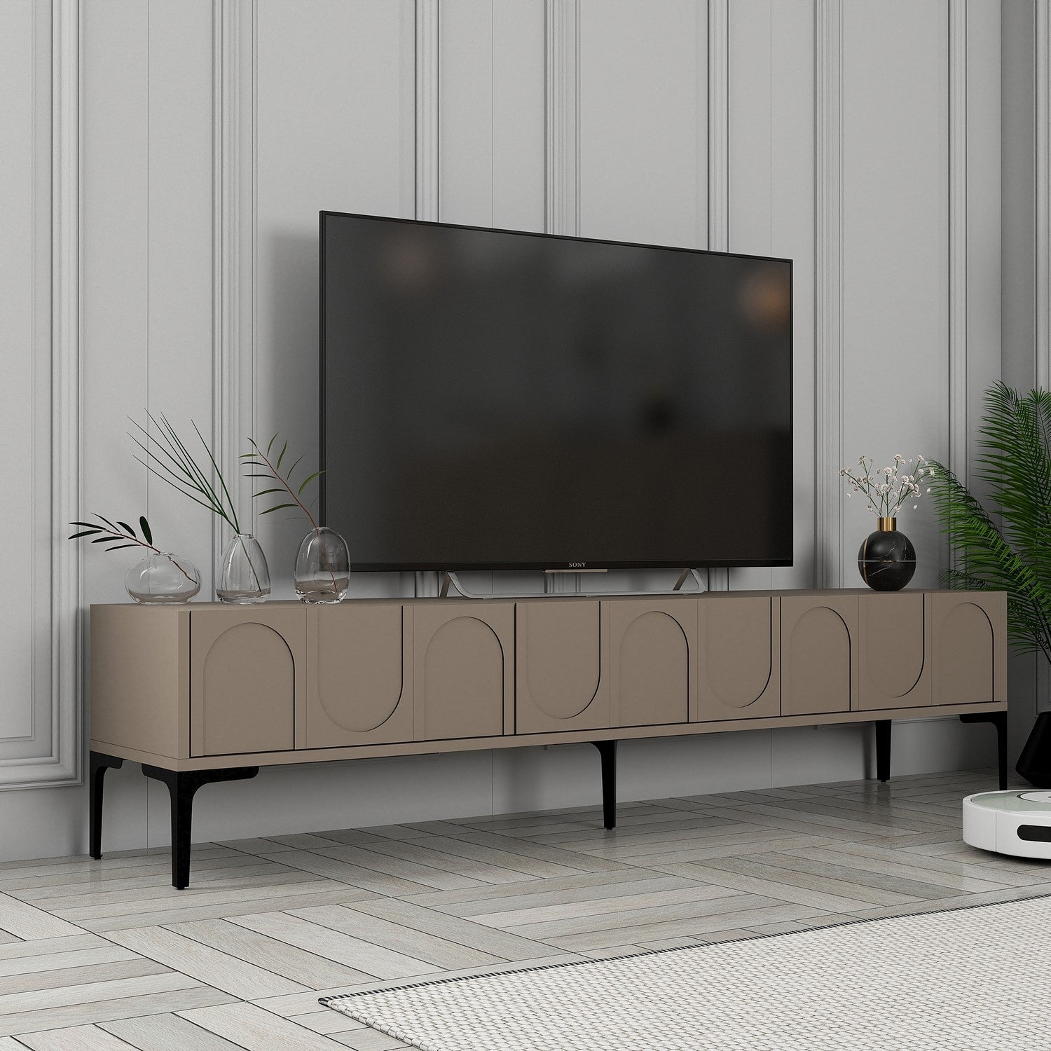 Suporte de TV elegante, Atlas e preto, 180 x 42 x 35 cm | Painel de partículas 100% revestido de melamina, 18 mm de espessura | Montável na parede com várias prateleiras