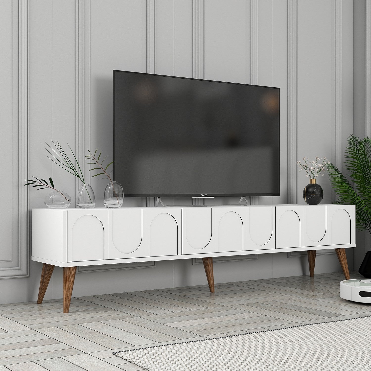 Móvel de TV elegante – 180 x 44 x 35 cm – branco e nogueira – painel de partículas revestido a melamina