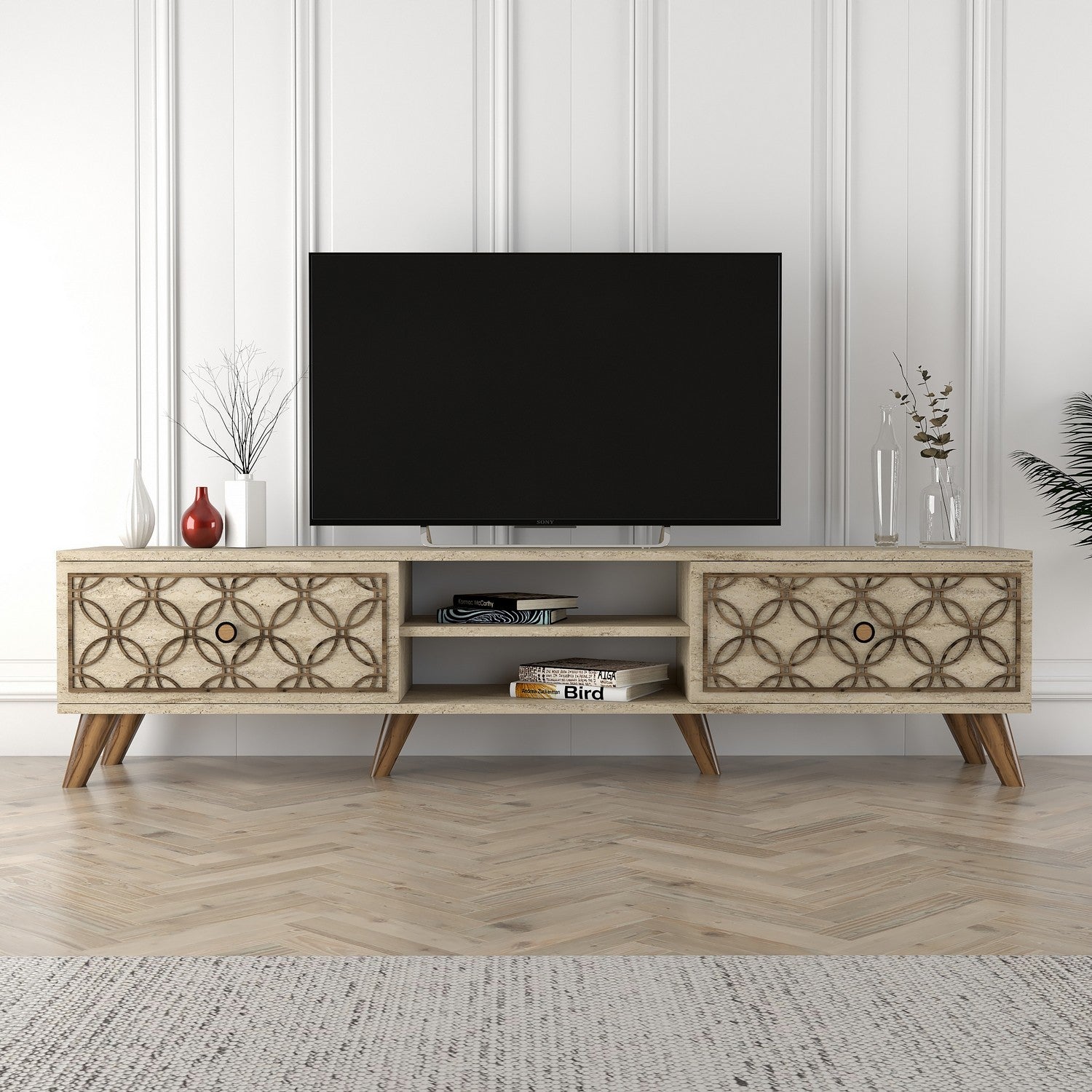 Suporte de TV elegante, cor travertino, 180 cm x 44 cm x 37 cm | Painel de partículas 100% revestido de melamina, 18 mm de espessura | Montável na parede com várias prateleiras