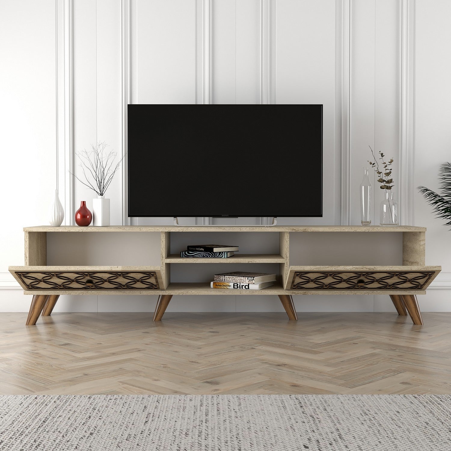 Suporte de TV elegante, cor travertino, 180 cm x 44 cm x 37 cm | Painel de partículas 100% revestido de melamina, 18 mm de espessura | Montável na parede com várias prateleiras
