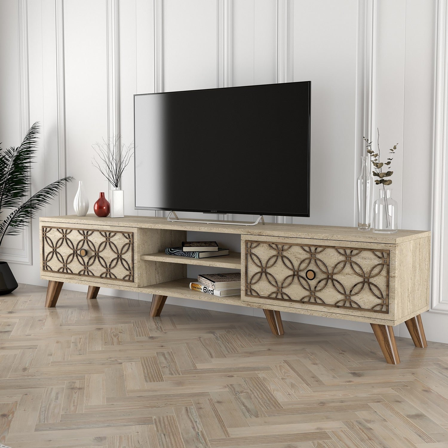 Suporte de TV elegante, cor travertino, 180 cm x 44 cm x 37 cm | Painel de partículas 100% revestido de melamina, 18 mm de espessura | Montável na parede com várias prateleiras