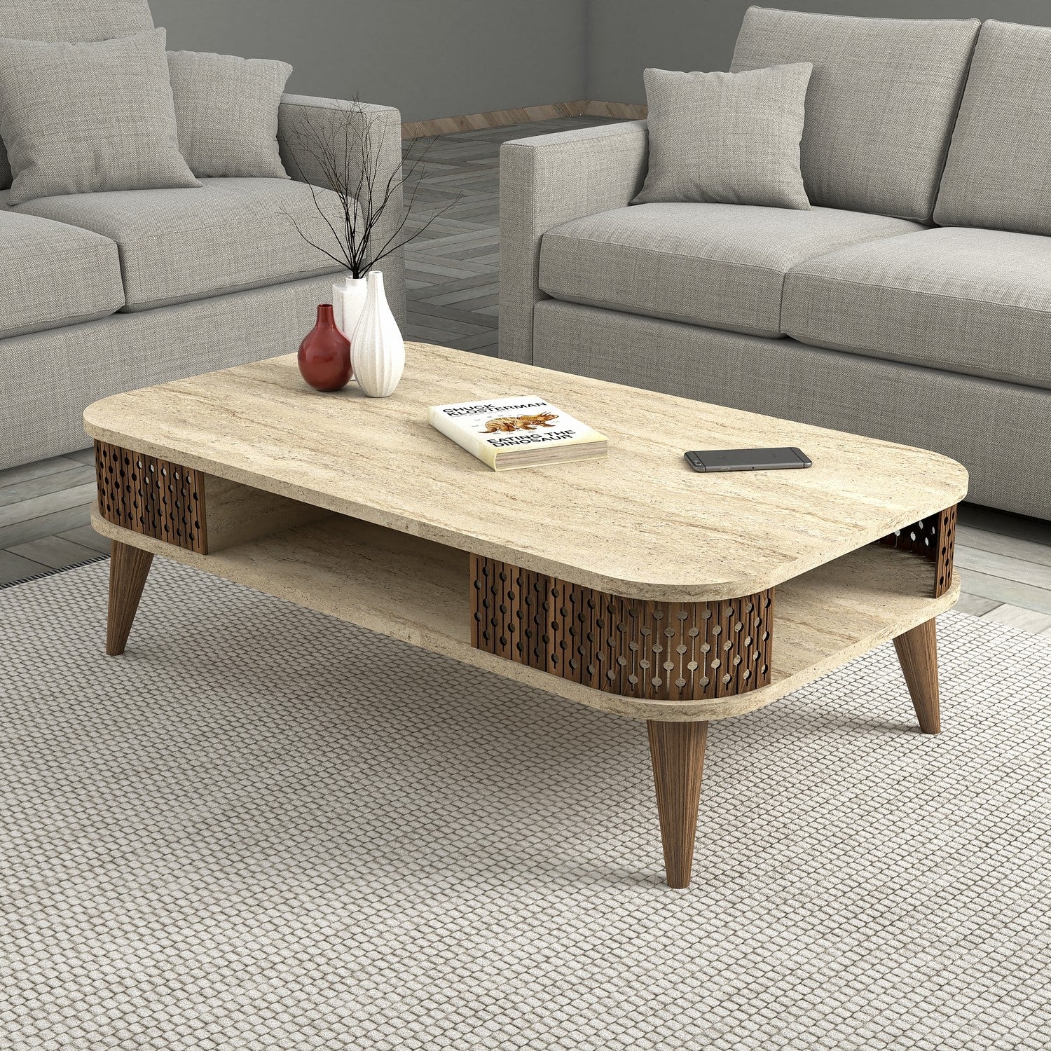 Mesa de Centro – 105 x 35 x 60 cm – Cor Travertino – Painel de Partículas Revestido a Melamina