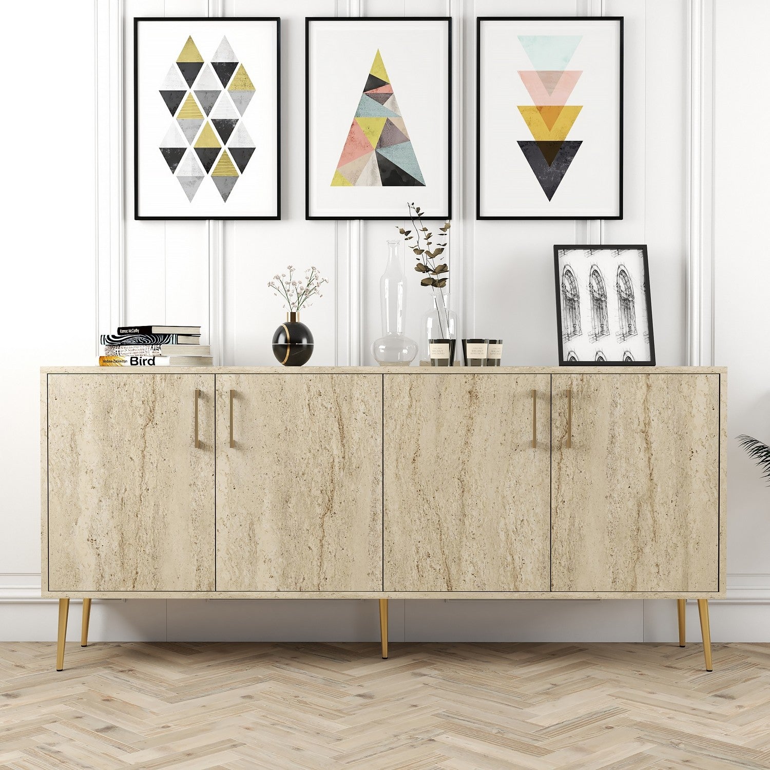 Aparador Elegante – 180 x 78 x 35 cm – Cor Travertino – Painel de Partículas Revestido em Melamina