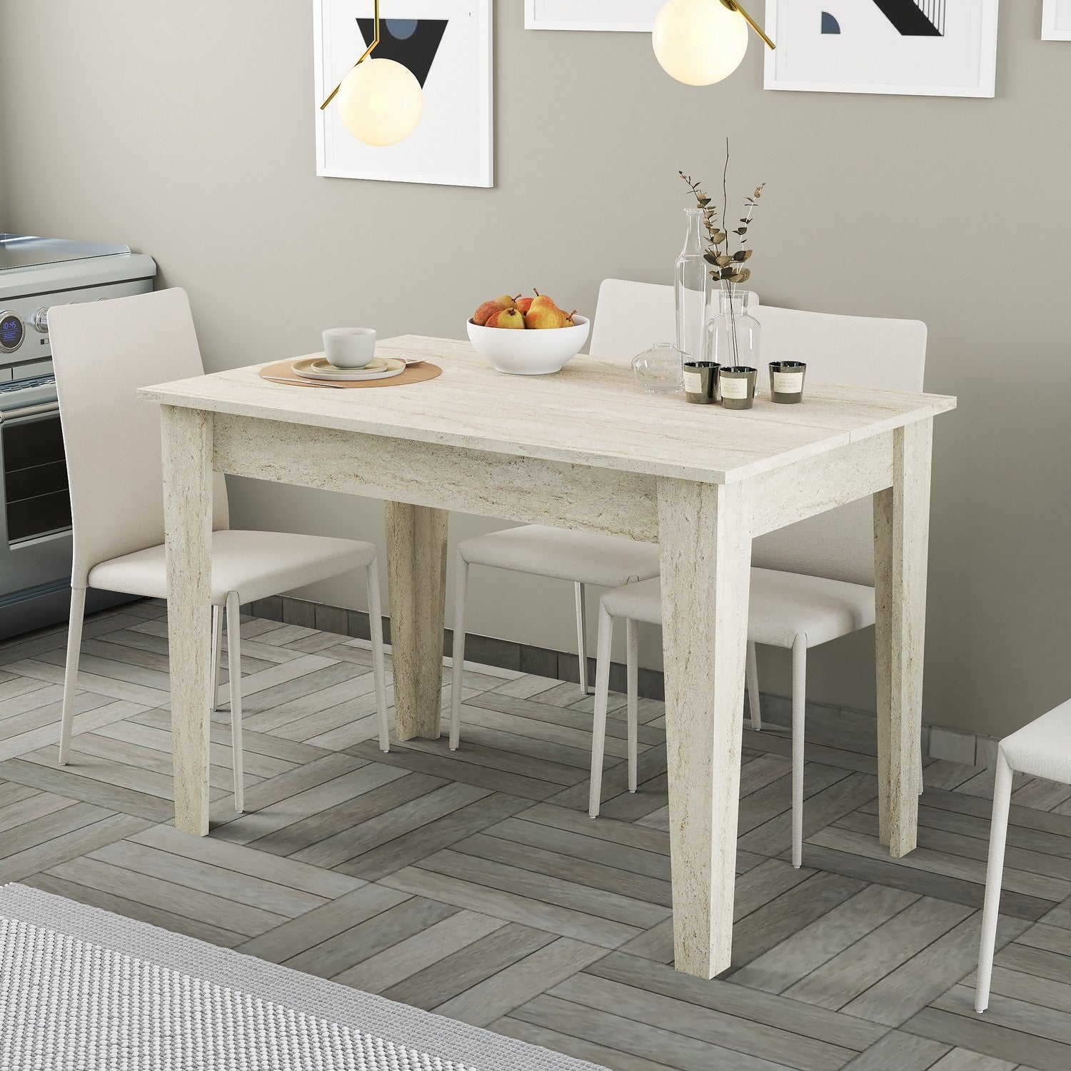 Mesa de Cozinha Elegante, Design em Mármore Travertino, 110 x 75 x 72 cm | Painel de Partículas 100% Revestido em Melamina, 18 mm de Espessura | Perfeita para Salas de Jantar Modernas