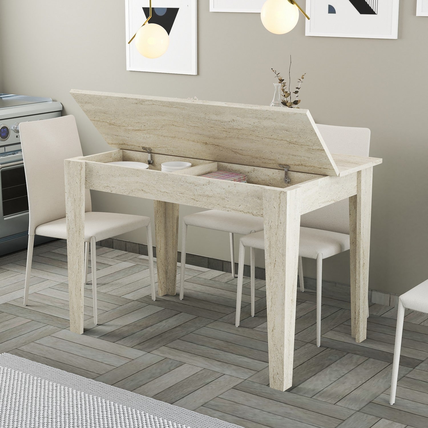 Mesa de Cozinha Elegante, Design em Mármore Travertino, 110 x 75 x 72 cm | Painel de Partículas 100% Revestido em Melamina, 18 mm de Espessura | Perfeita para Salas de Jantar Modernas
