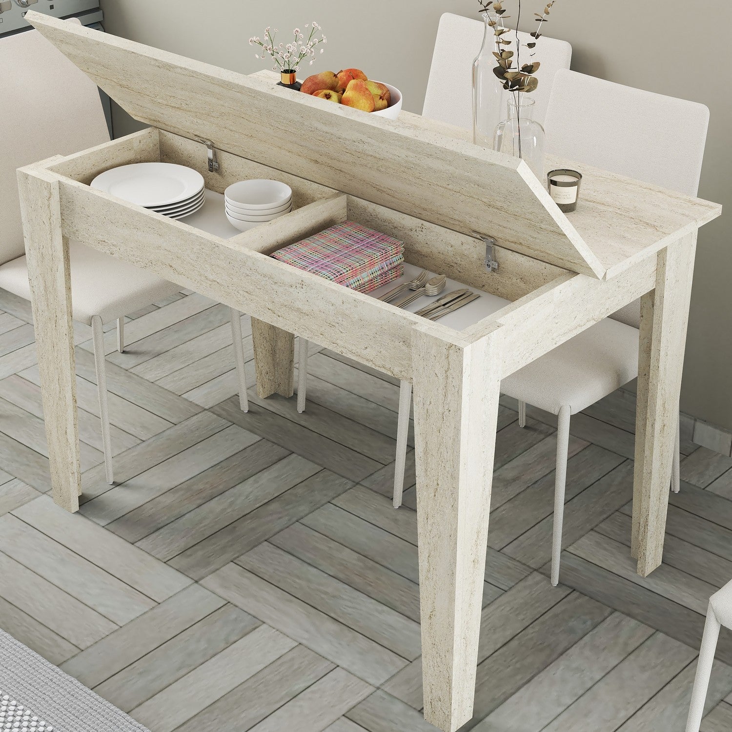 Mesa de Cozinha Elegante, Design em Mármore Travertino, 110 x 75 x 72 cm | Painel de Partículas 100% Revestido em Melamina, 18 mm de Espessura | Perfeita para Salas de Jantar Modernas