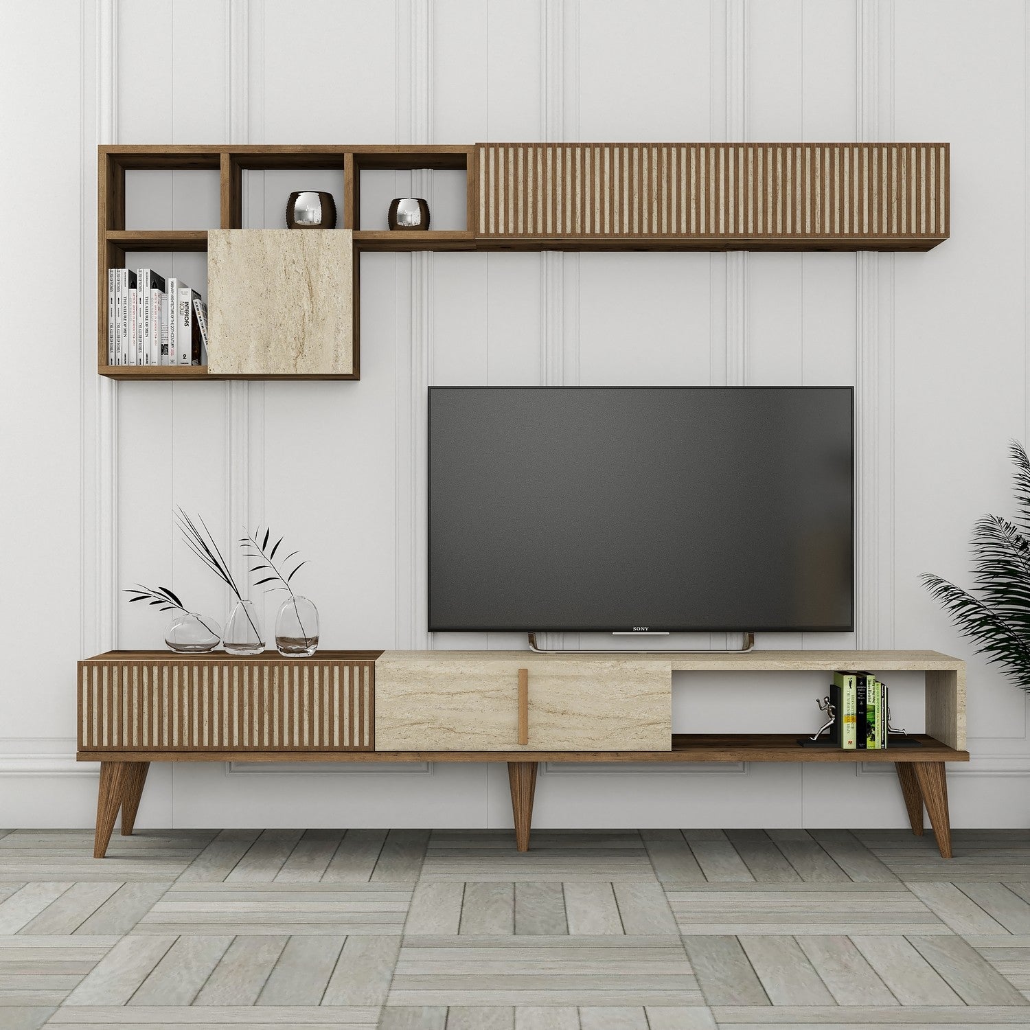 Móvel de TV elegante com prateleira de parede, nogueira e travertino, 180 cm | Painel de partículas 100% revestido de melamina, 18 mm de espessura | Design moderno com várias prateleiras