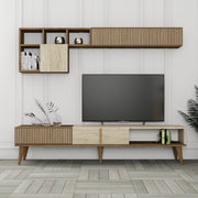 Móvel de TV elegante com prateleira de parede, nogueira e travertino, 180 cm | Painel de partículas 100% revestido de melamina, 18 mm de espessura | Design moderno com várias prateleiras
