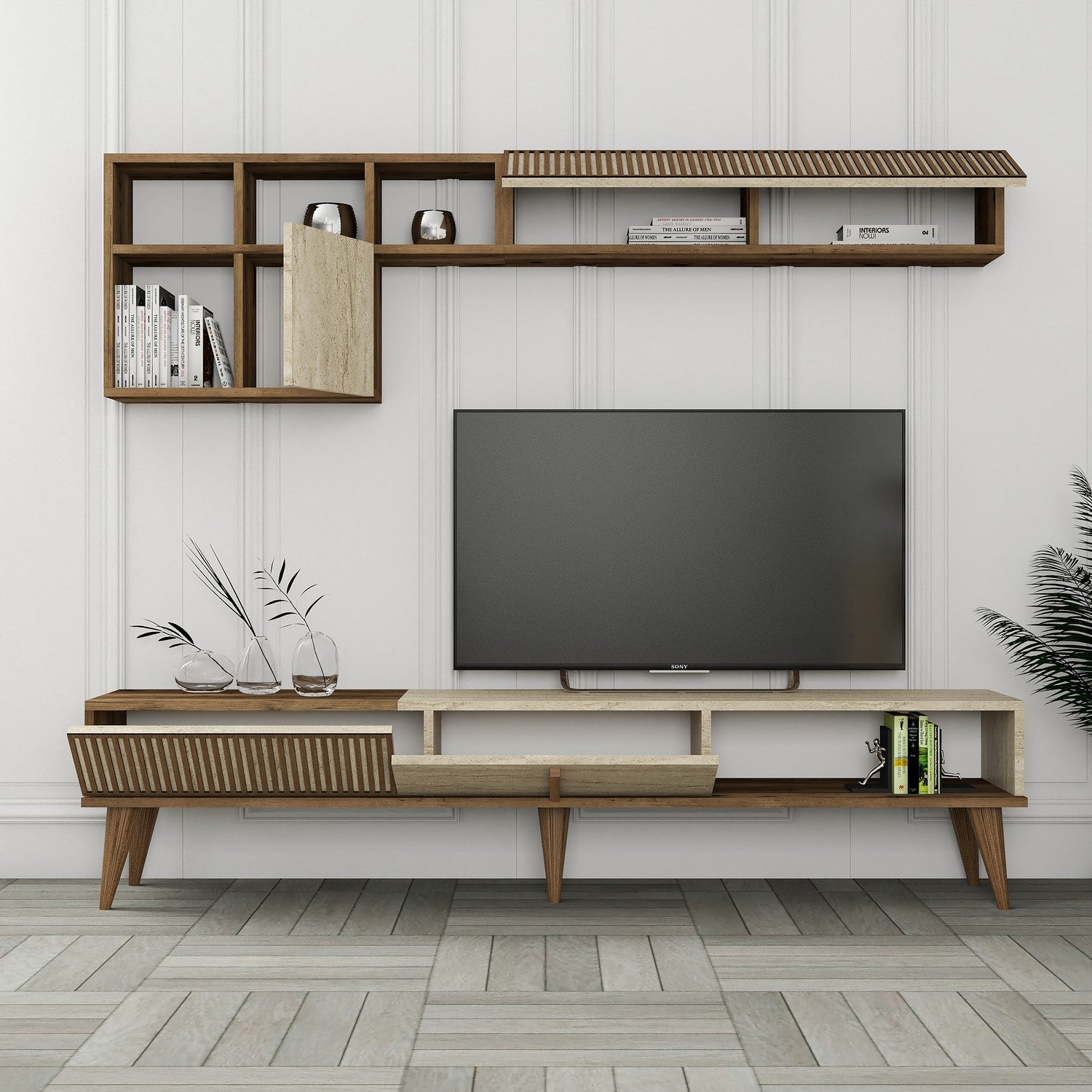 Móvel de TV elegante com prateleira de parede, nogueira e travertino, 180 cm | Painel de partículas 100% revestido de melamina, 18 mm de espessura | Design moderno com várias prateleiras