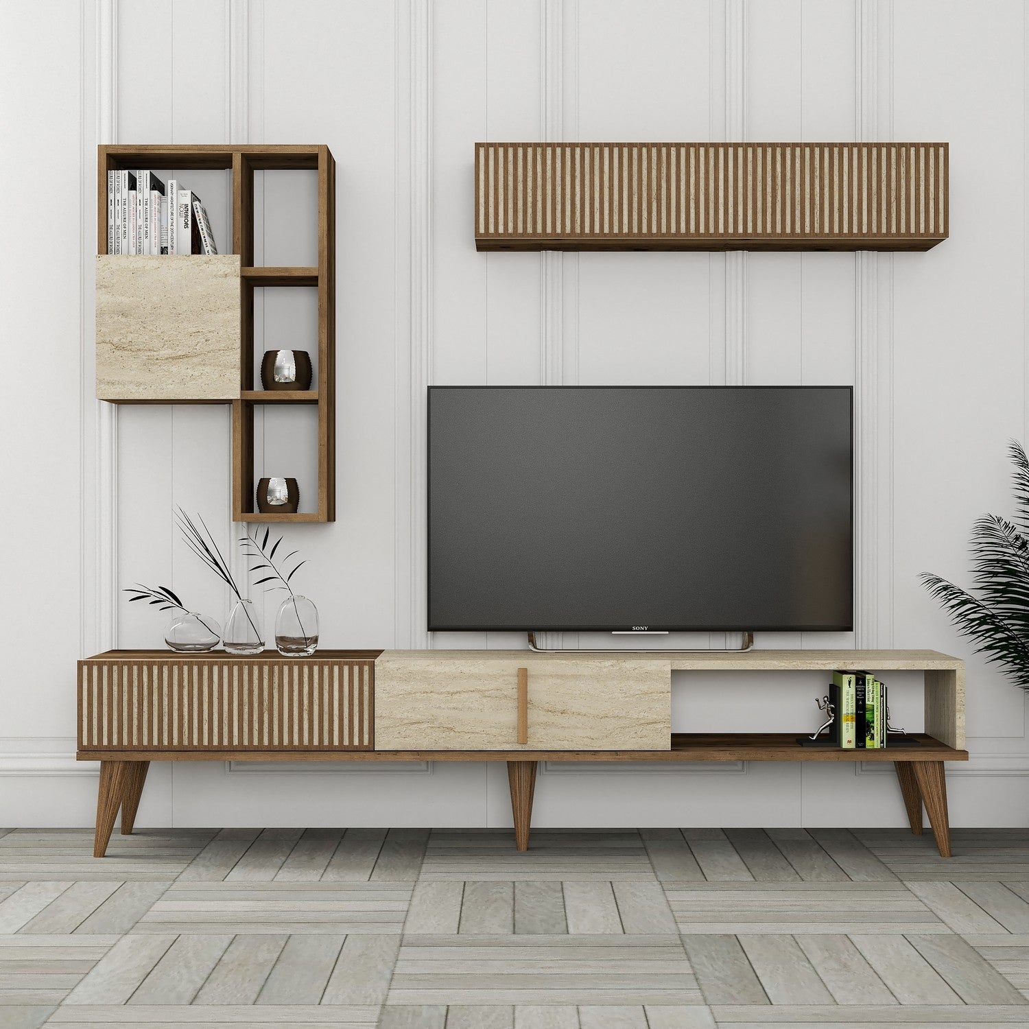 Móvel de TV elegante com prateleira de parede, nogueira e travertino, 180 cm | Painel de partículas 100% revestido de melamina, 18 mm de espessura | Design moderno com várias prateleiras