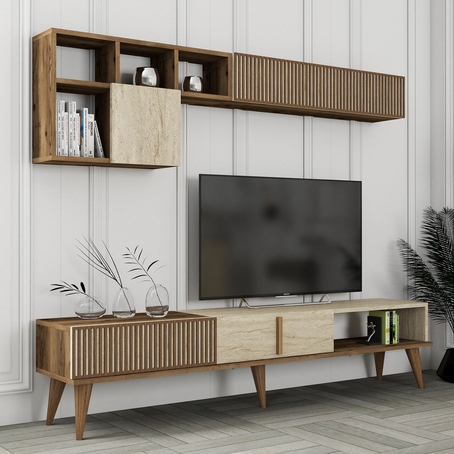 Móvel de TV elegante com prateleira de parede, nogueira e travertino, 180 cm | Painel de partículas 100% revestido de melamina, 18 mm de espessura | Design moderno com várias prateleiras
