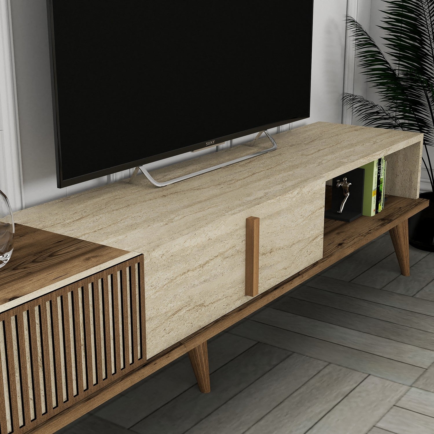 Móvel de TV elegante com prateleira de parede, nogueira e travertino, 180 cm | Painel de partículas 100% revestido de melamina, 18 mm de espessura | Design moderno com várias prateleiras