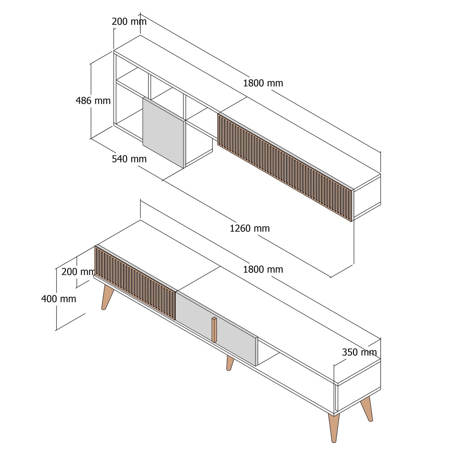 Móvel de TV elegante com prateleira de parede, nogueira e travertino, 180 cm | Painel de partículas 100% revestido de melamina, 18 mm de espessura | Design moderno com várias prateleiras