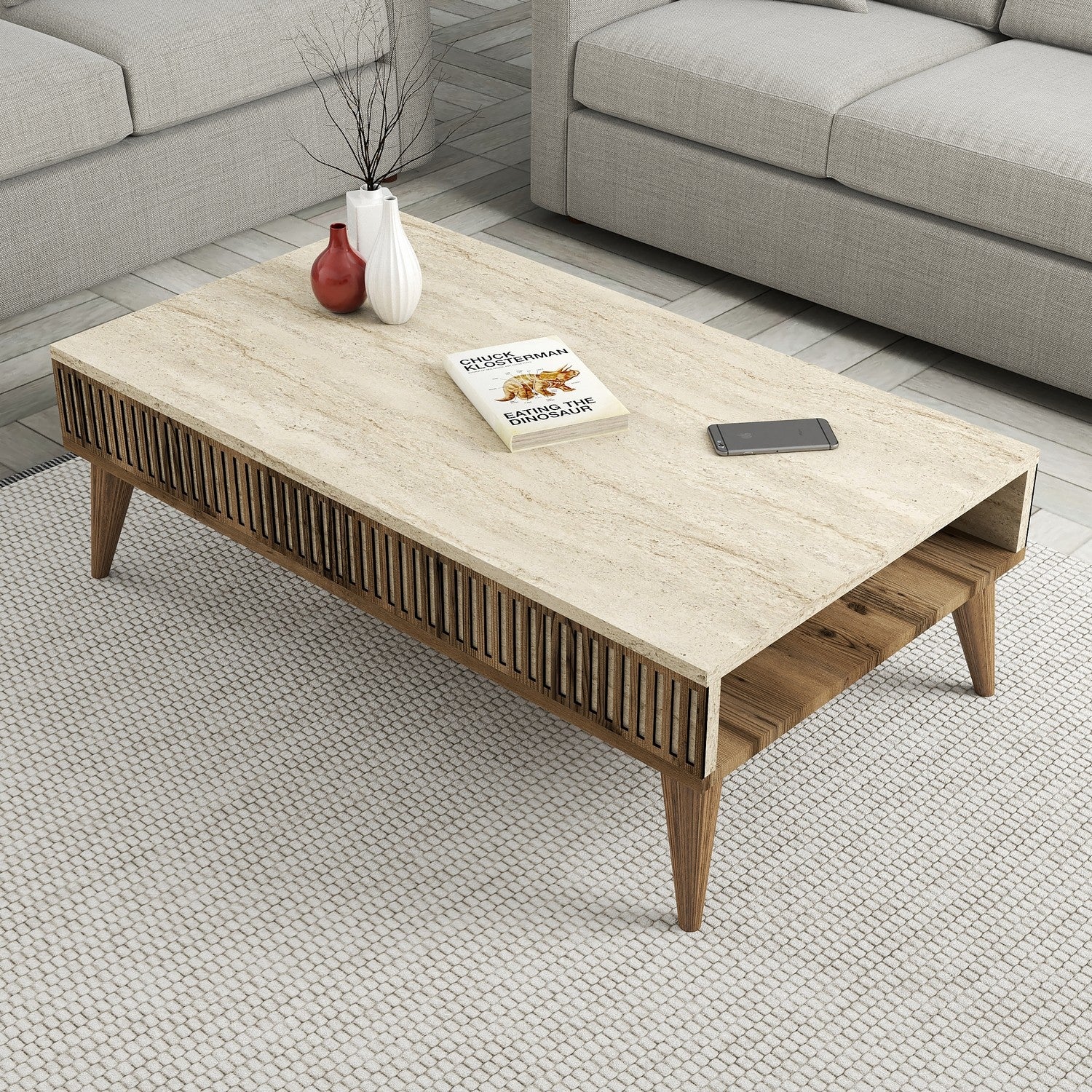 Mesa de Centro – 105 x 60 x 35 cm – Nogueira e Travertino – Painel de Partículas Revestido a Melamina
