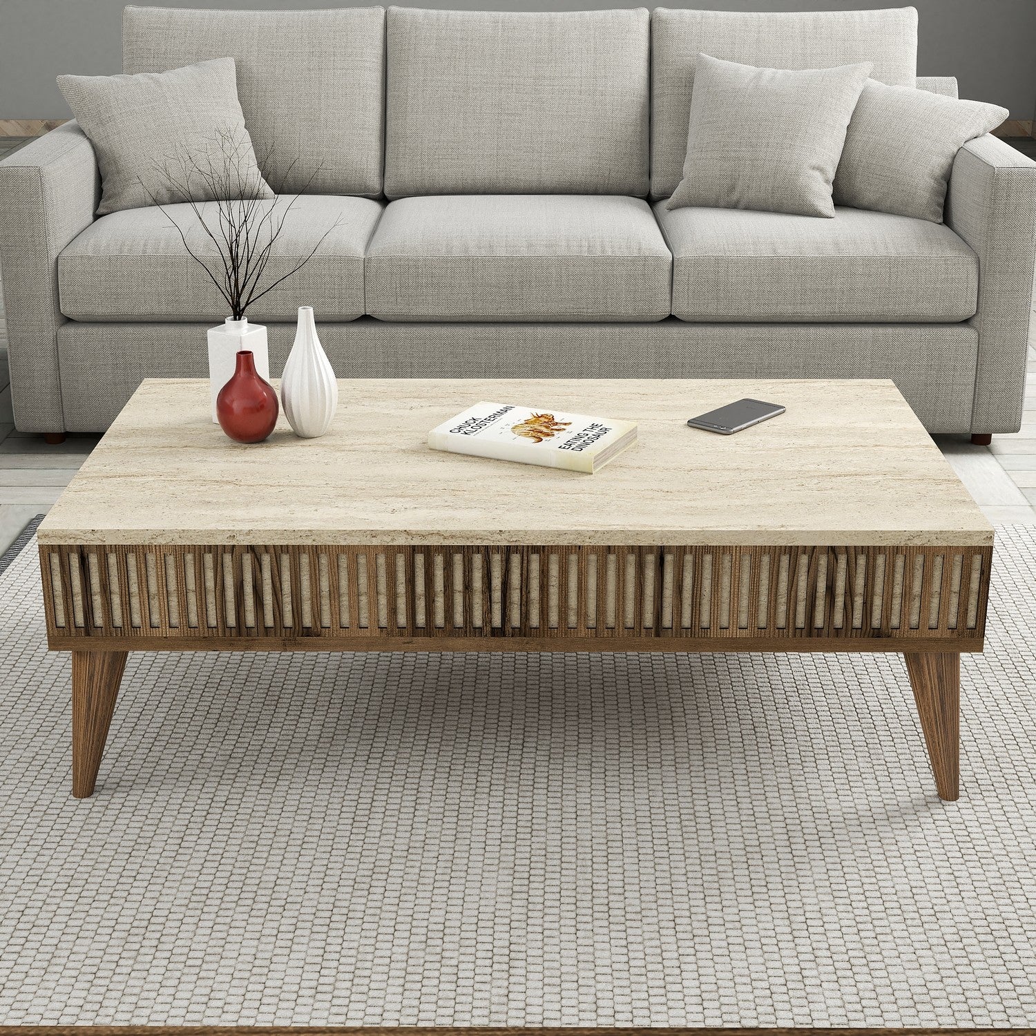 Mesa de Centro – 105 x 60 x 35 cm – Nogueira e Travertino – Painel de Partículas Revestido a Melamina