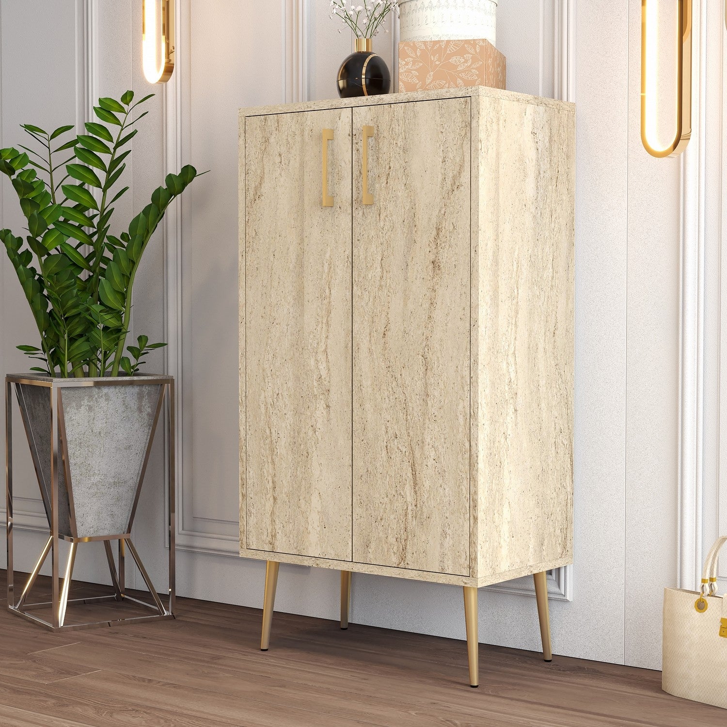 Sapateira estilosa, cor travertino, 60 x 111 x 35 cm | Painel de partículas 100% revestido em melamina, pés de metal, montagem na parede, design elegante em mármore