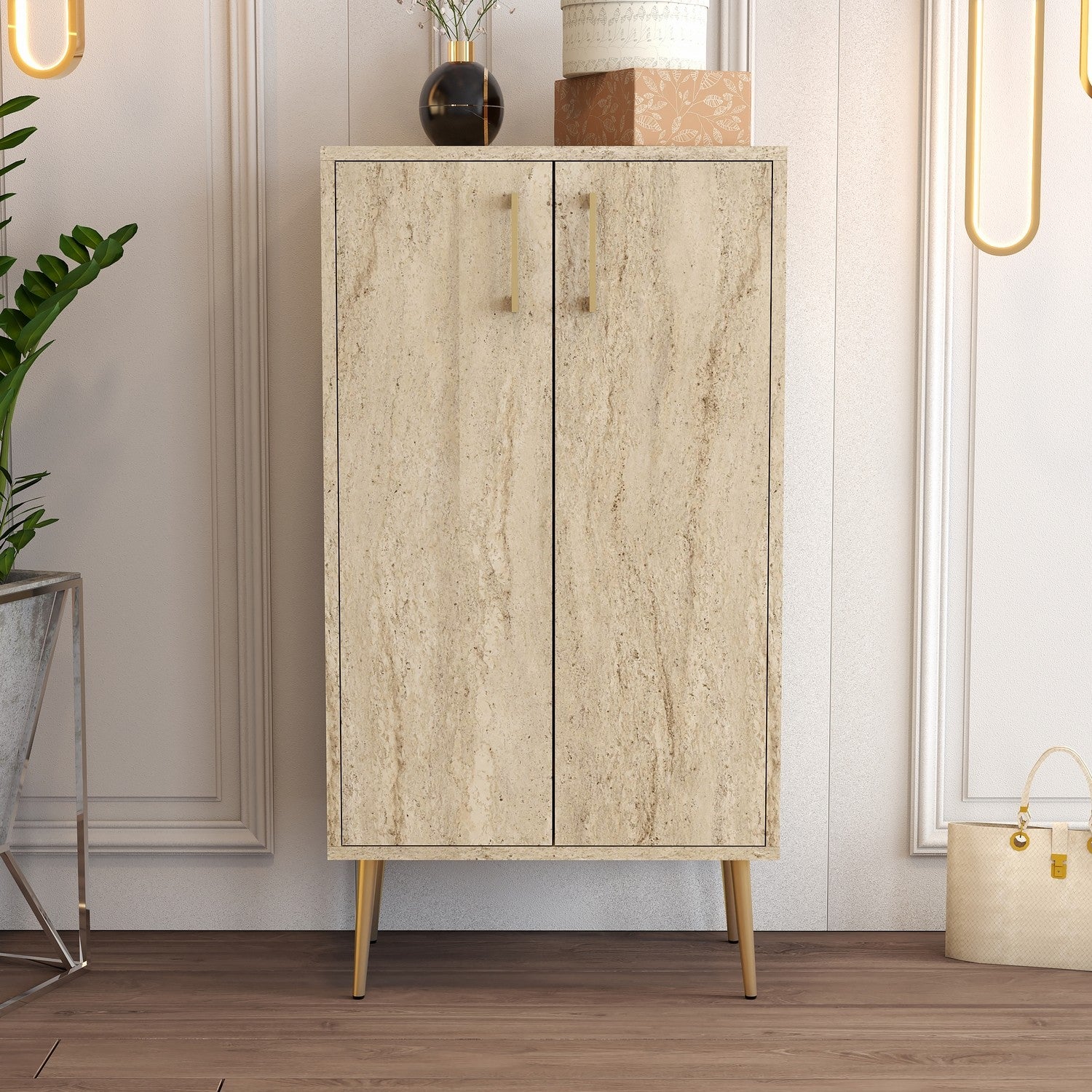 Sapateira estilosa, cor travertino, 60 x 111 x 35 cm | Painel de partículas 100% revestido em melamina, pés de metal, montagem na parede, design elegante em mármore
