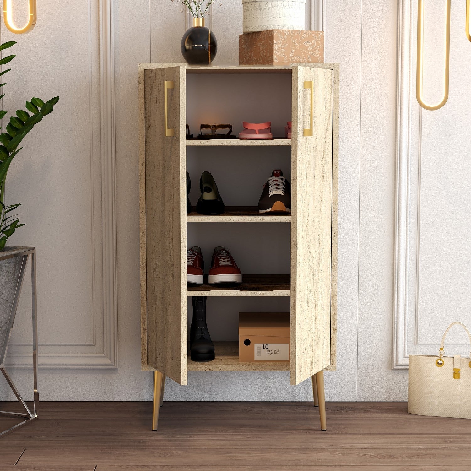 Sapateira estilosa, cor travertino, 60 x 111 x 35 cm | Painel de partículas 100% revestido em melamina, pés de metal, montagem na parede, design elegante em mármore