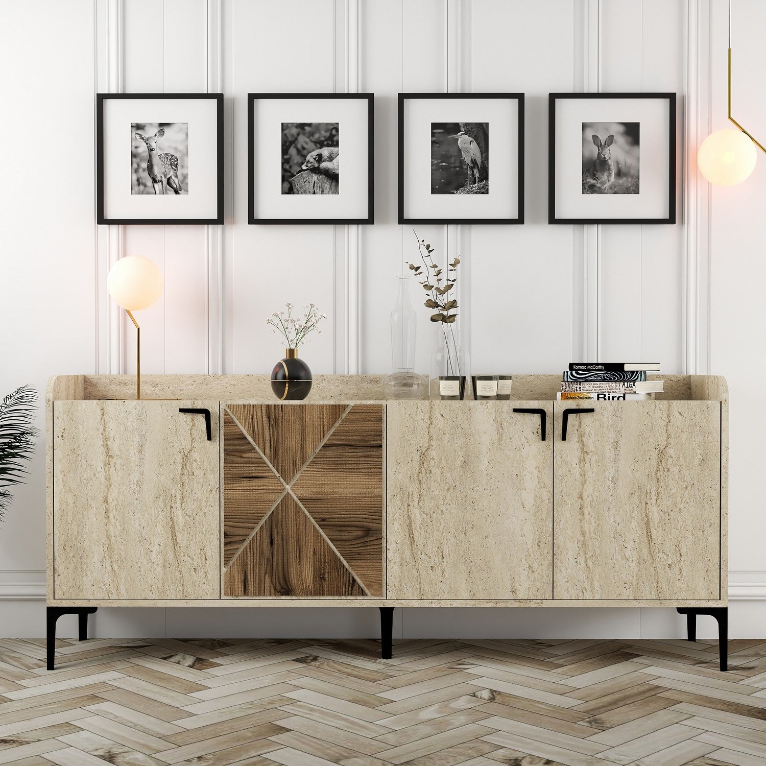 Aparador elegante com design em mármore – 180 x 78 x 35 cm – Nogueira e Travertino – 100% revestido em melamina