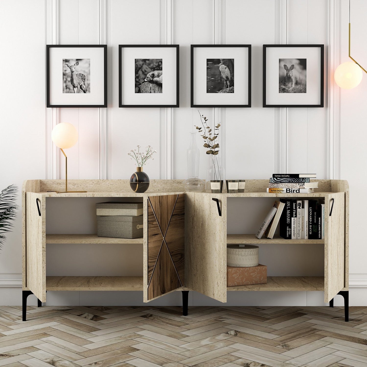 Aparador elegante com design em mármore – 180 x 78 x 35 cm – Nogueira e Travertino – 100% revestido em melamina