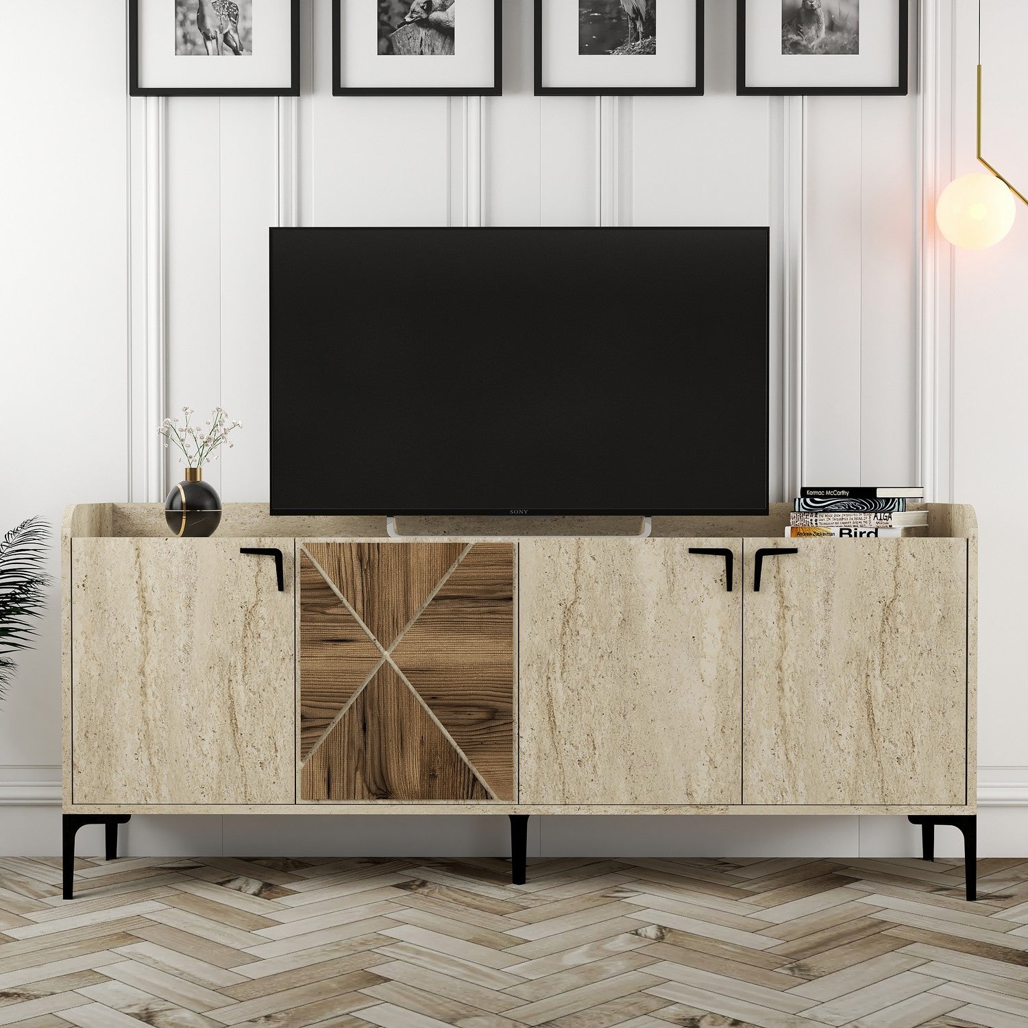 Aparador elegante com design em mármore – 180 x 78 x 35 cm – Nogueira e Travertino – 100% revestido em melamina