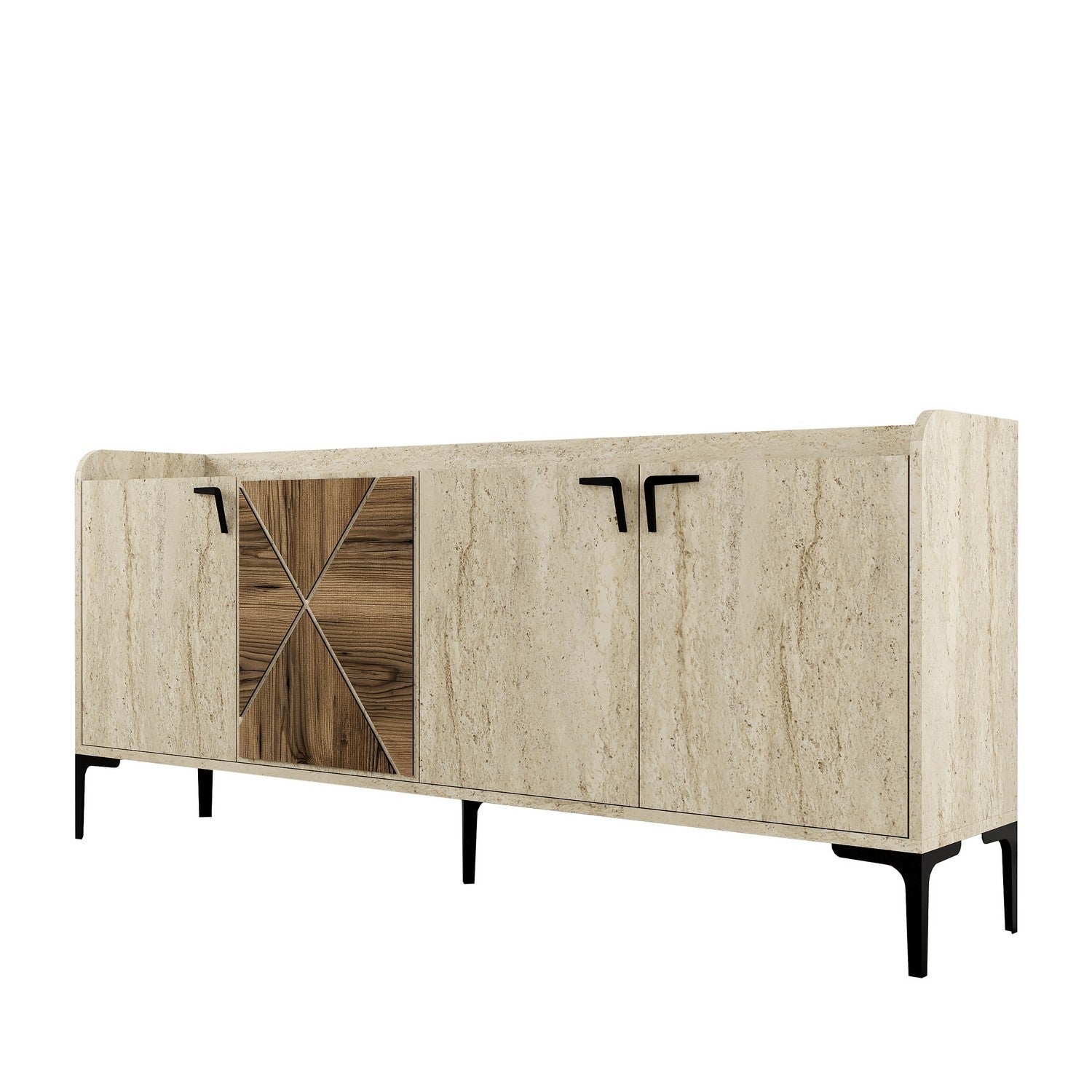 Aparador elegante com design em mármore – 180 x 78 x 35 cm – Nogueira e Travertino – 100% revestido em melamina