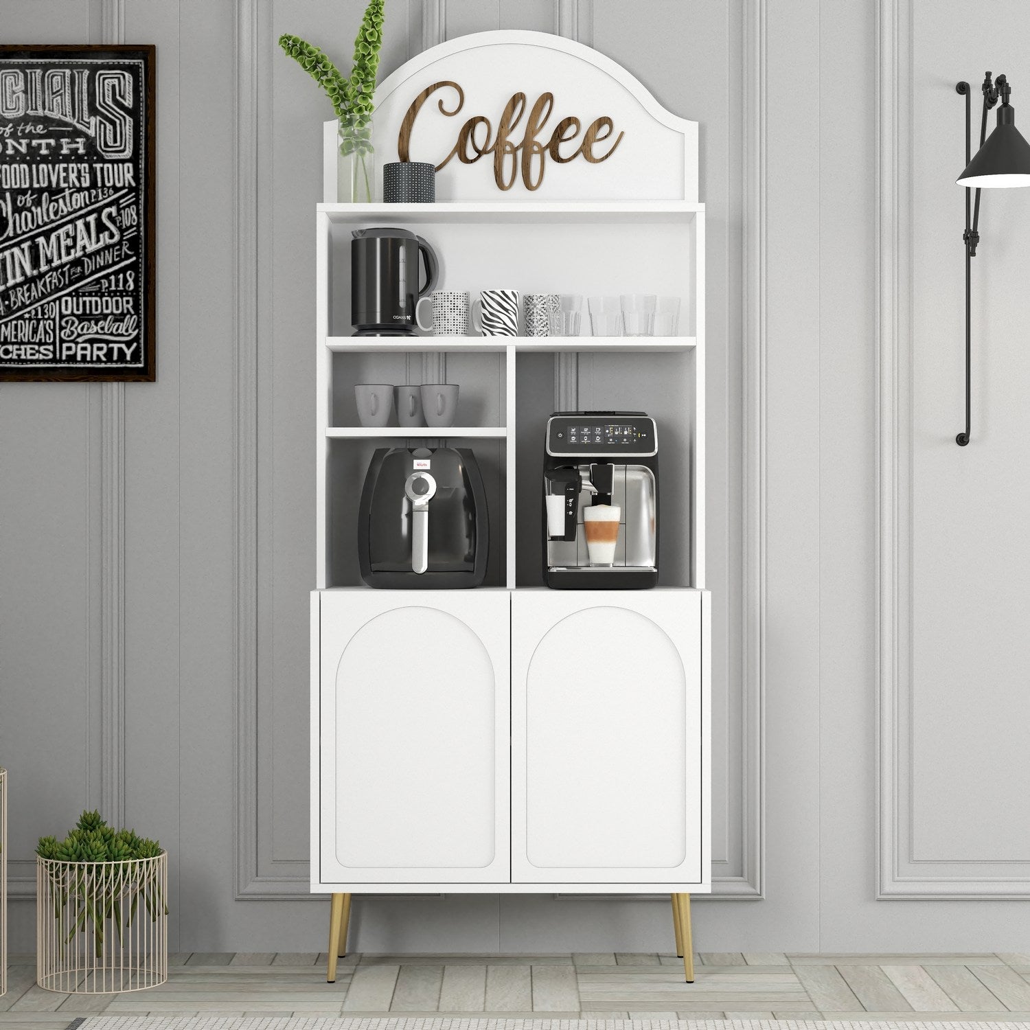 Armário de bar – 81.3x201x35 cm – Branco e Dourado – Painel de partículas revestido a melamina