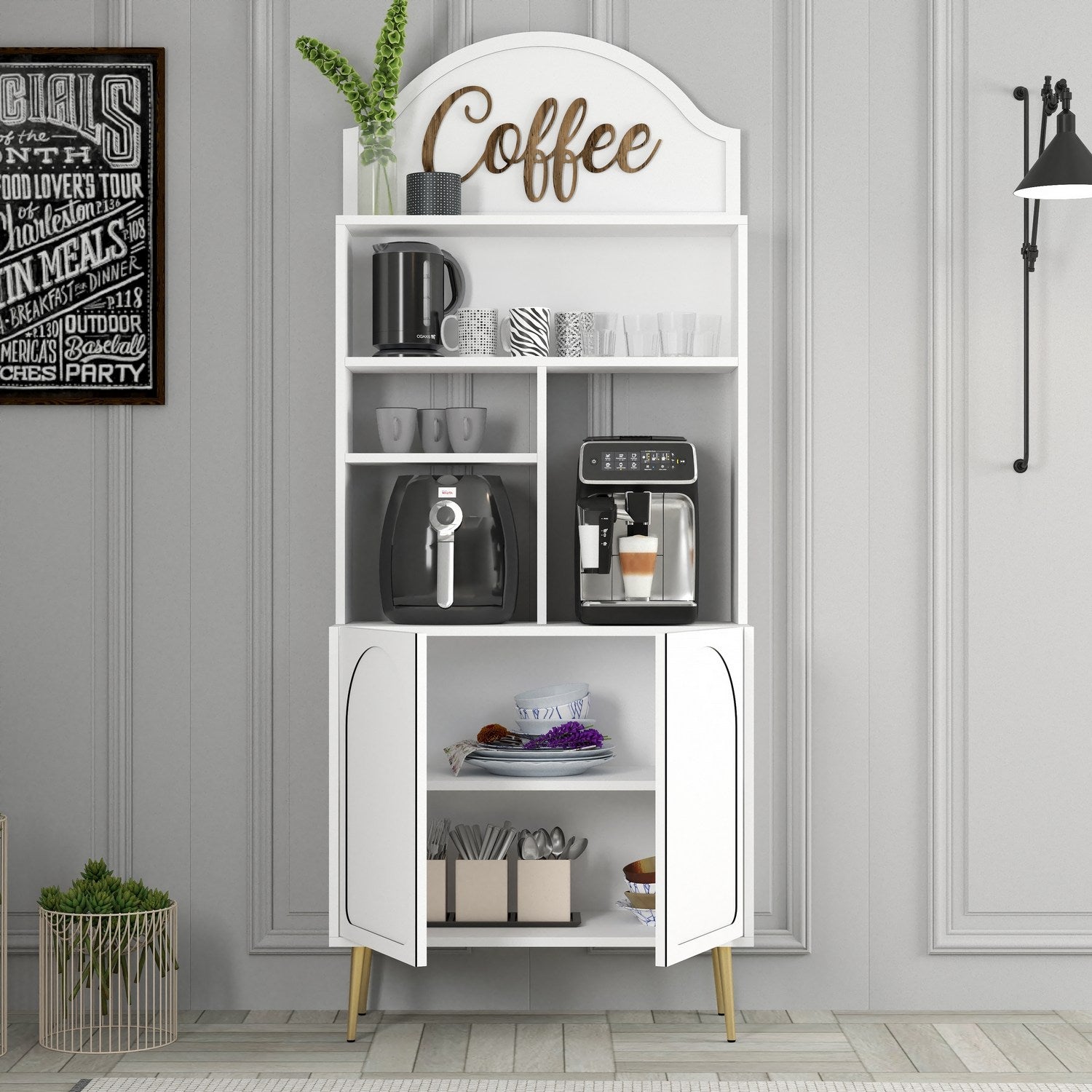 Armário de bar – 81.3x201x35 cm – Branco e Dourado – Painel de partículas revestido a melamina