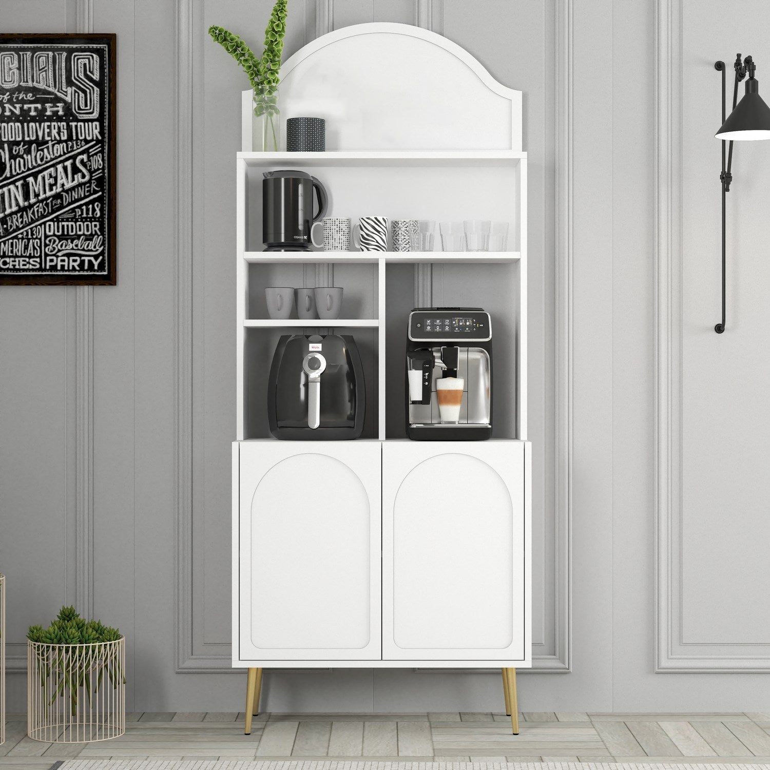 Armário de bar – 81.3x201x35 cm – Branco e Dourado – Painel de partículas revestido a melamina